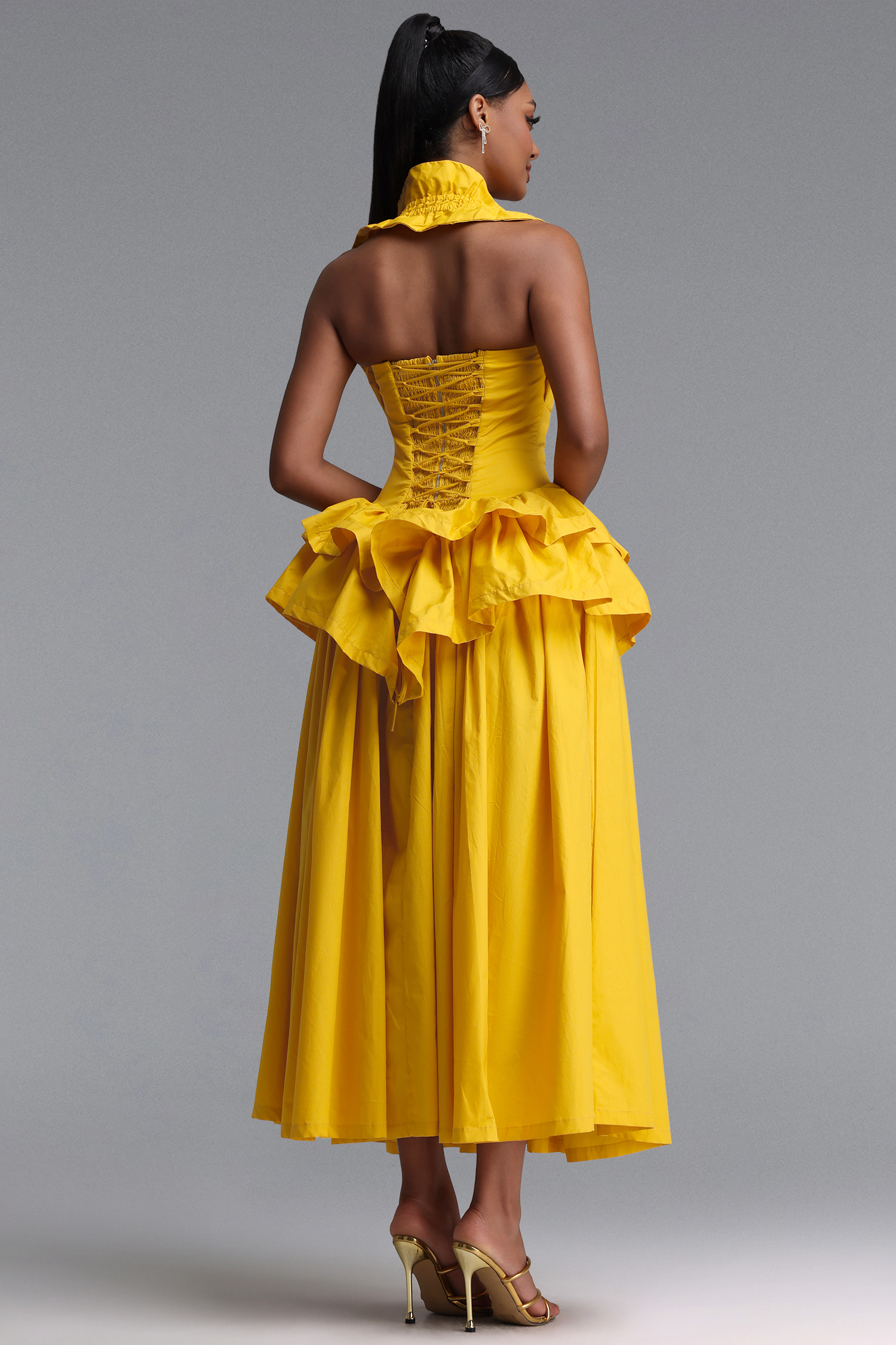 Shea Elegant Waist-Cinched Halter Neck Ruffled Maxi Dress