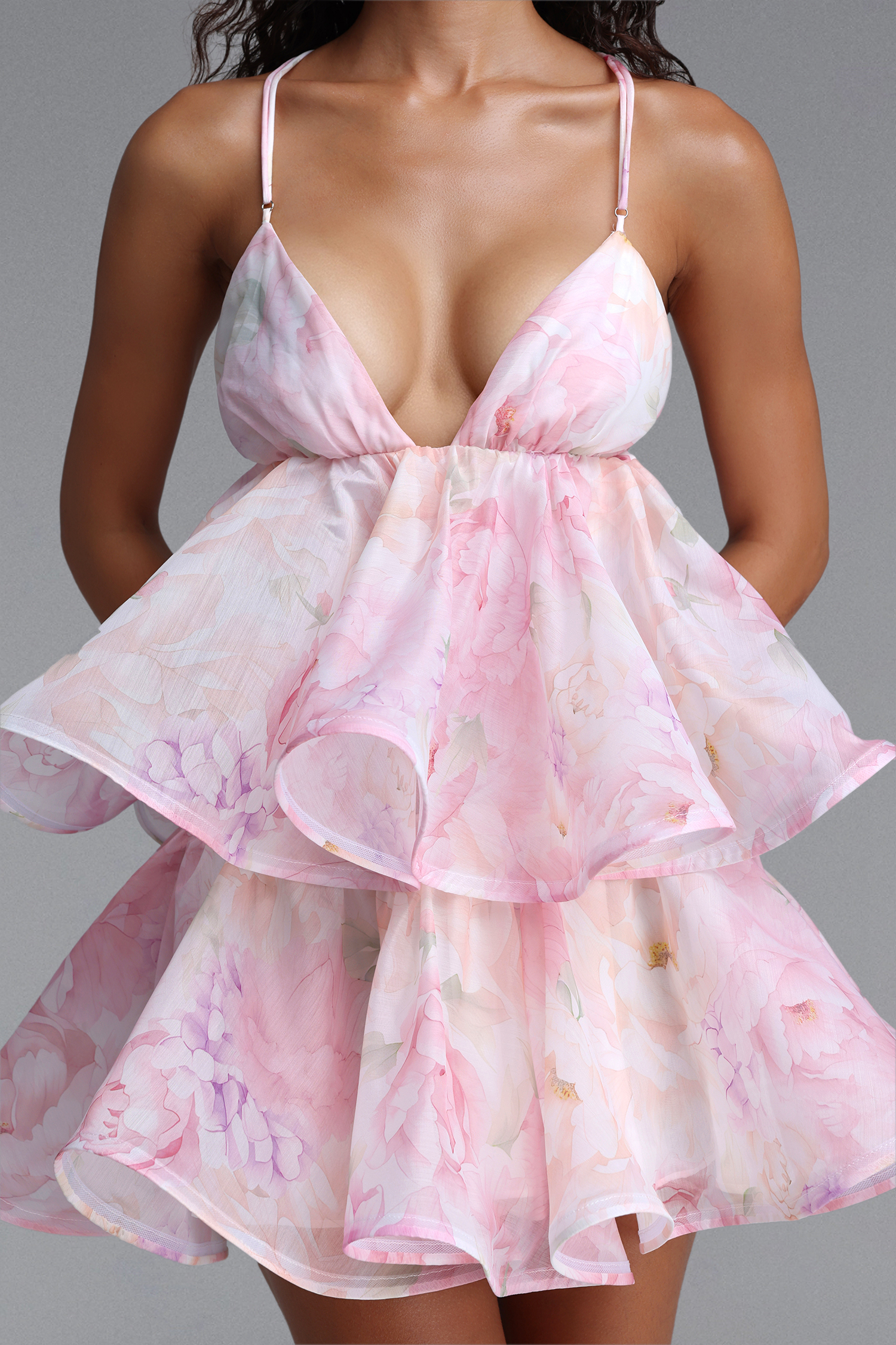 Sebastian Romantic Tailored Spaghetti Strap Tiered Ruffle Floral Print Woven Mini Dress