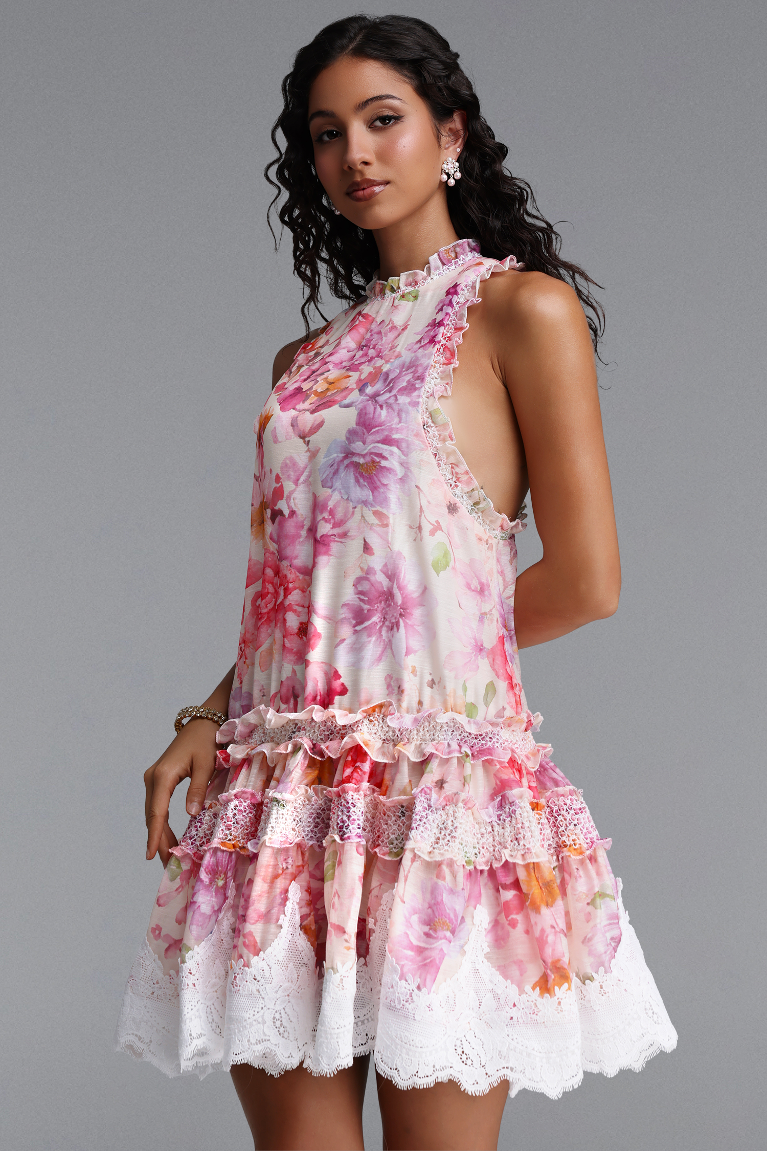 Hooded Romantic Flowy Sleeveless Floral Print Lace Trimmed Woven Mini Dress