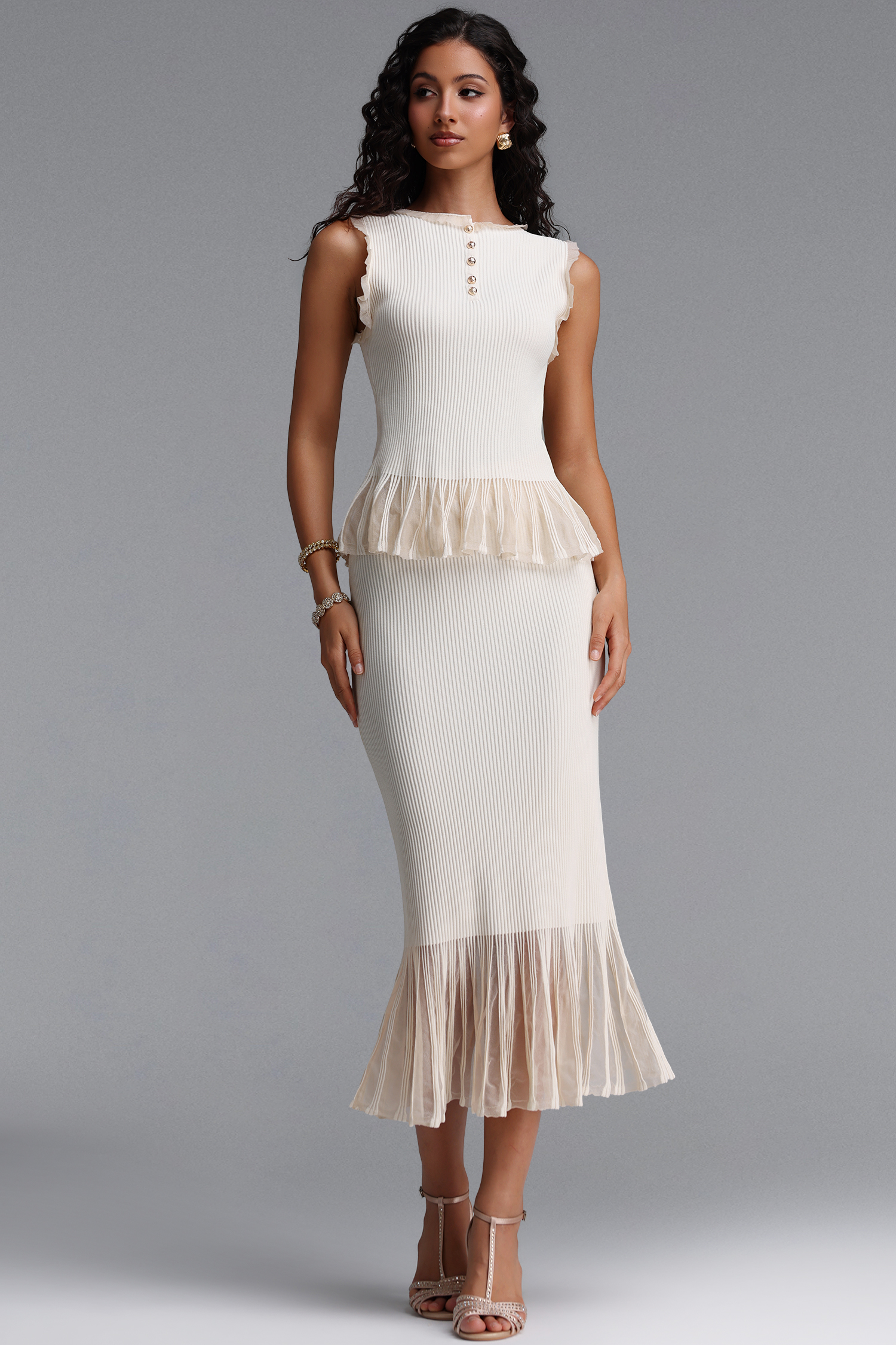 Elaina Romantic Contour Sleeveless Ruffle Knit Top and Skirt Two Piece Set