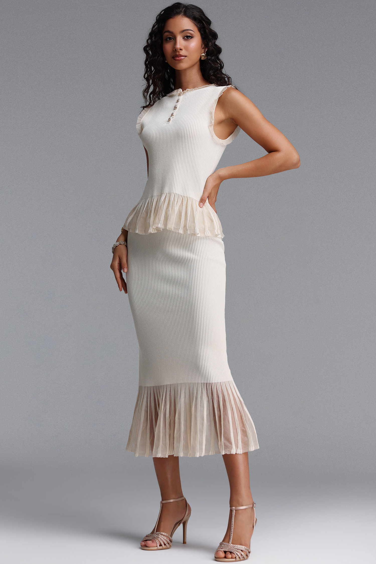 Elaina Romantic Contour Sleeveless Ruffle Knit Top and Skirt Two Piece Set