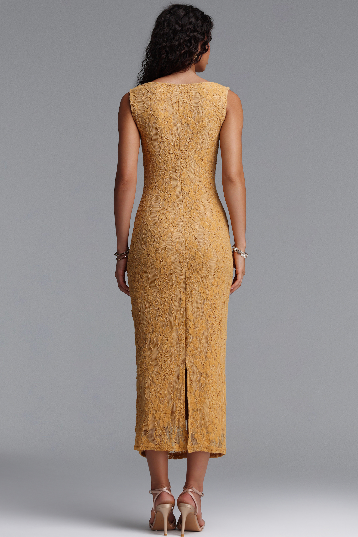 Haven Romantic Contour Sleeveless Floral Lace Knit Maxi Dress