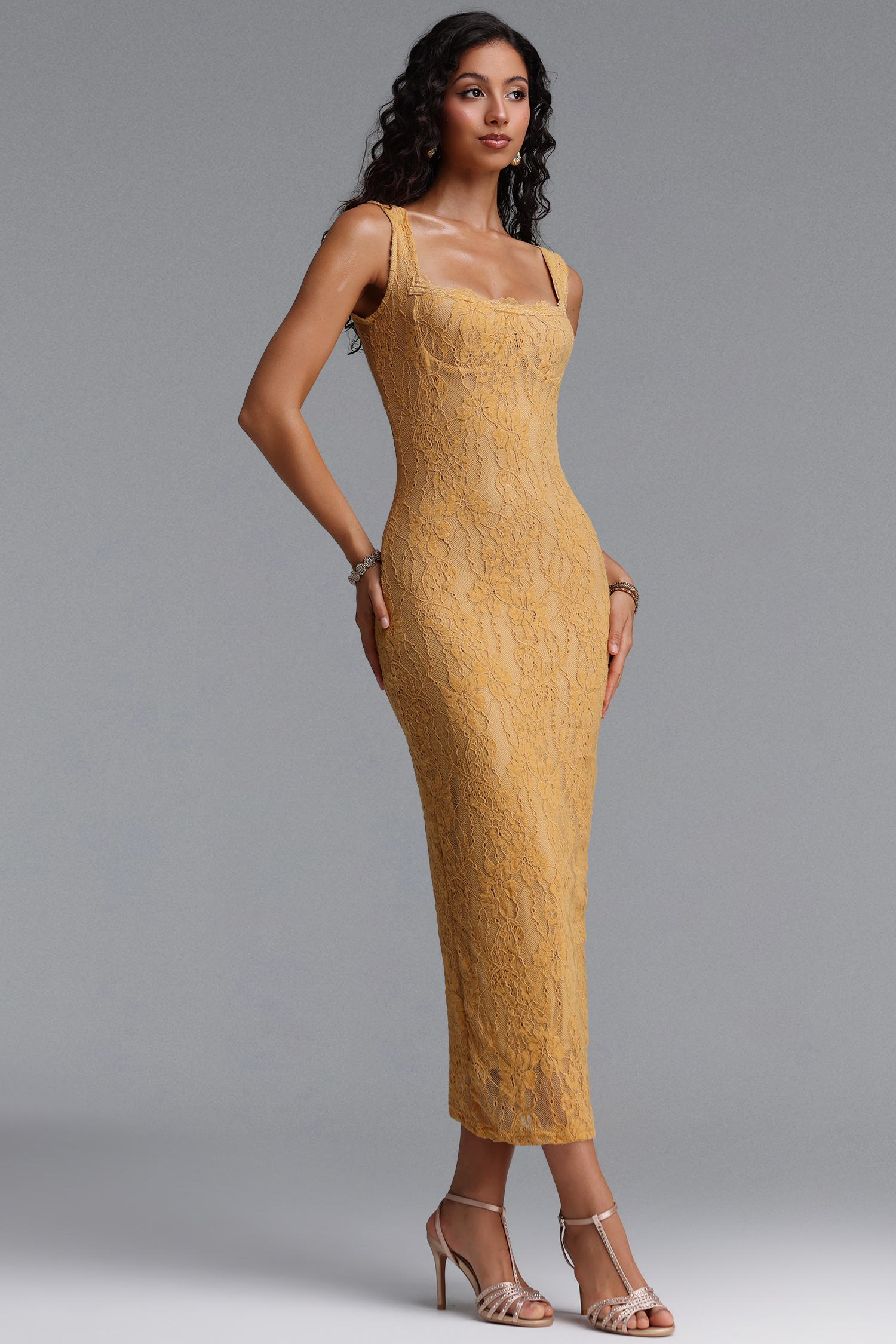 Haven Romantic Contour Sleeveless Floral Lace Knit Maxi Dress