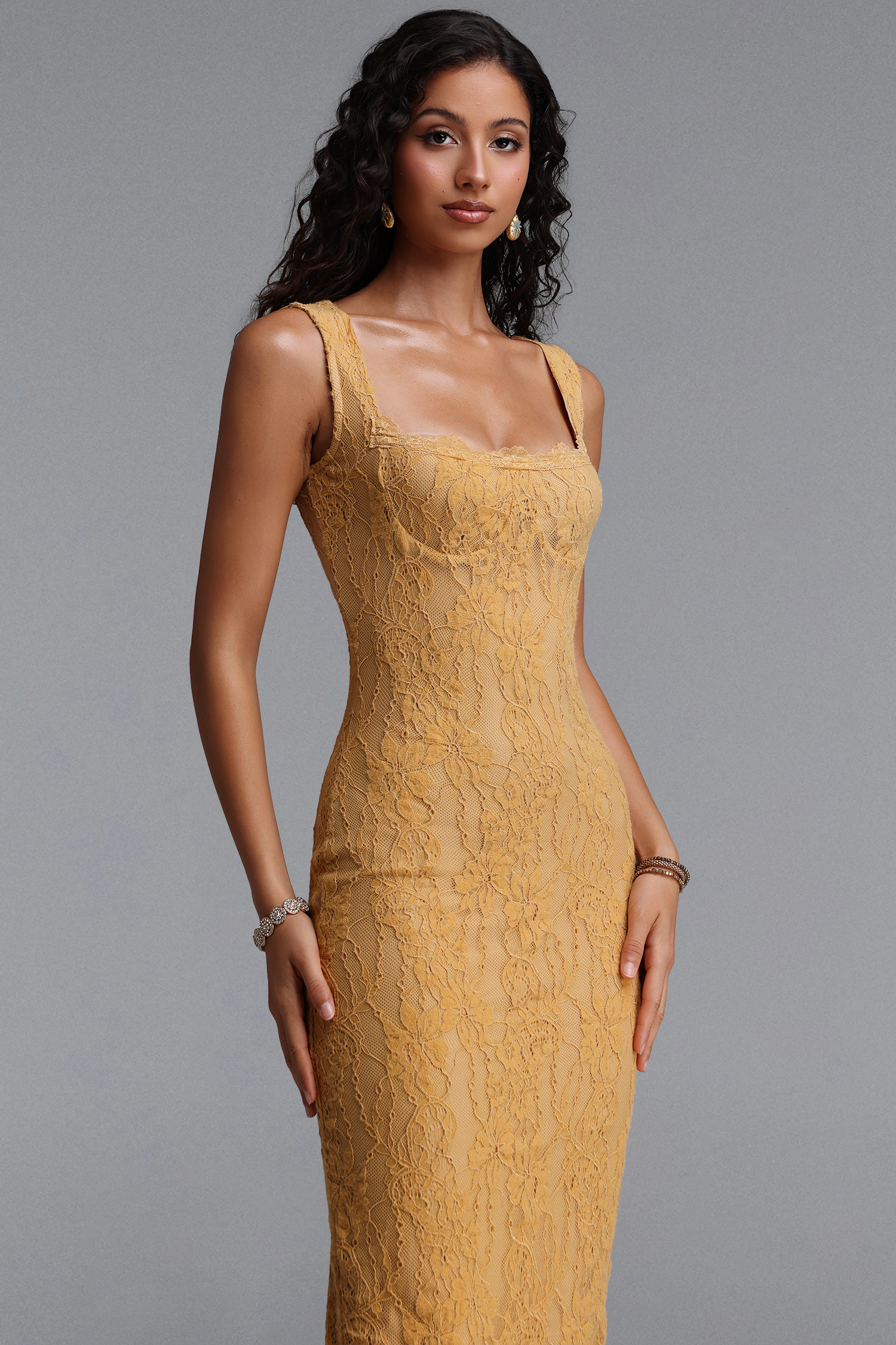 Haven Romantic Contour Sleeveless Floral Lace Knit Maxi Dress