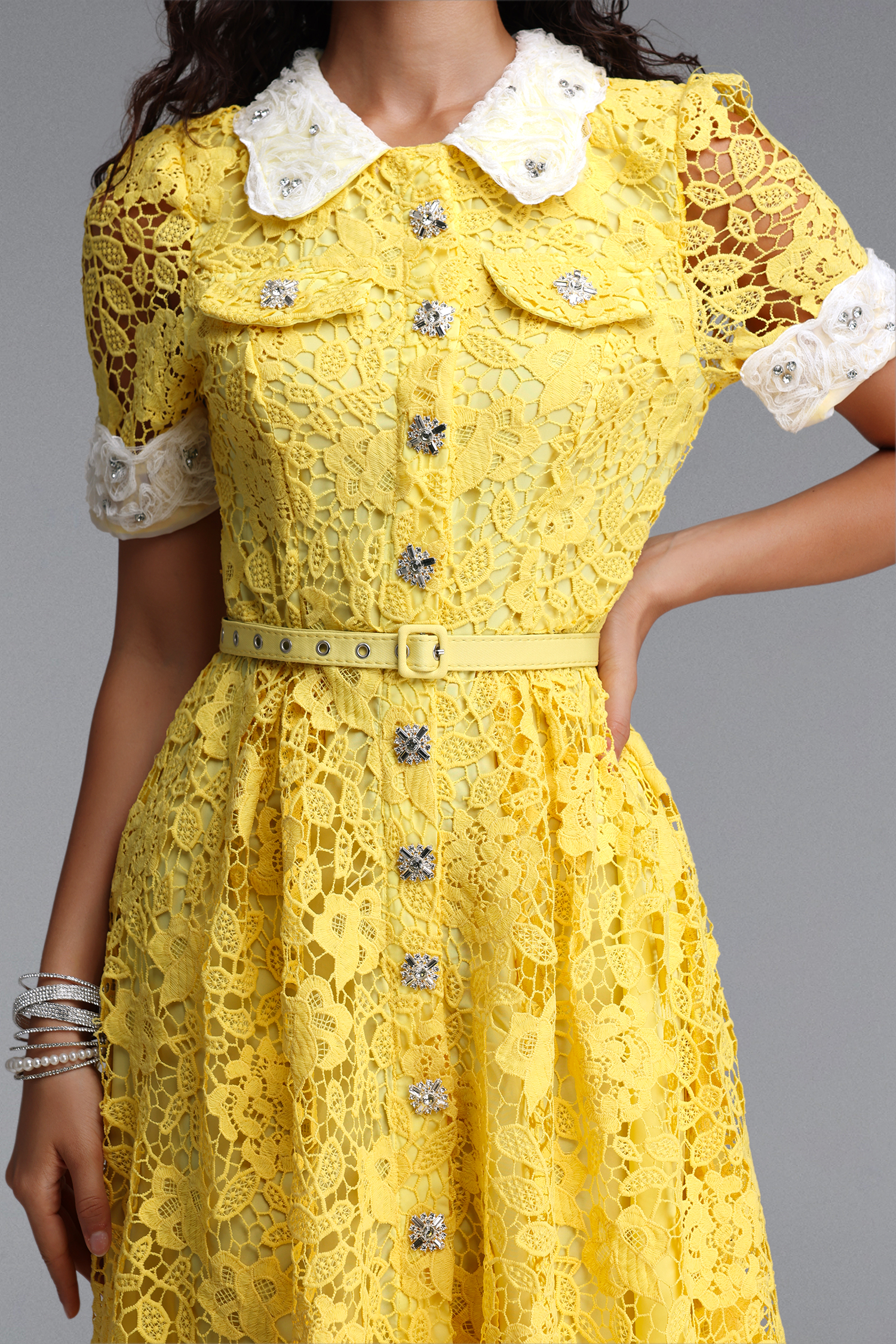Sagona Classic Tailored Short Sleeve Rhinestone Floral Lace Yellow Maxi Dress