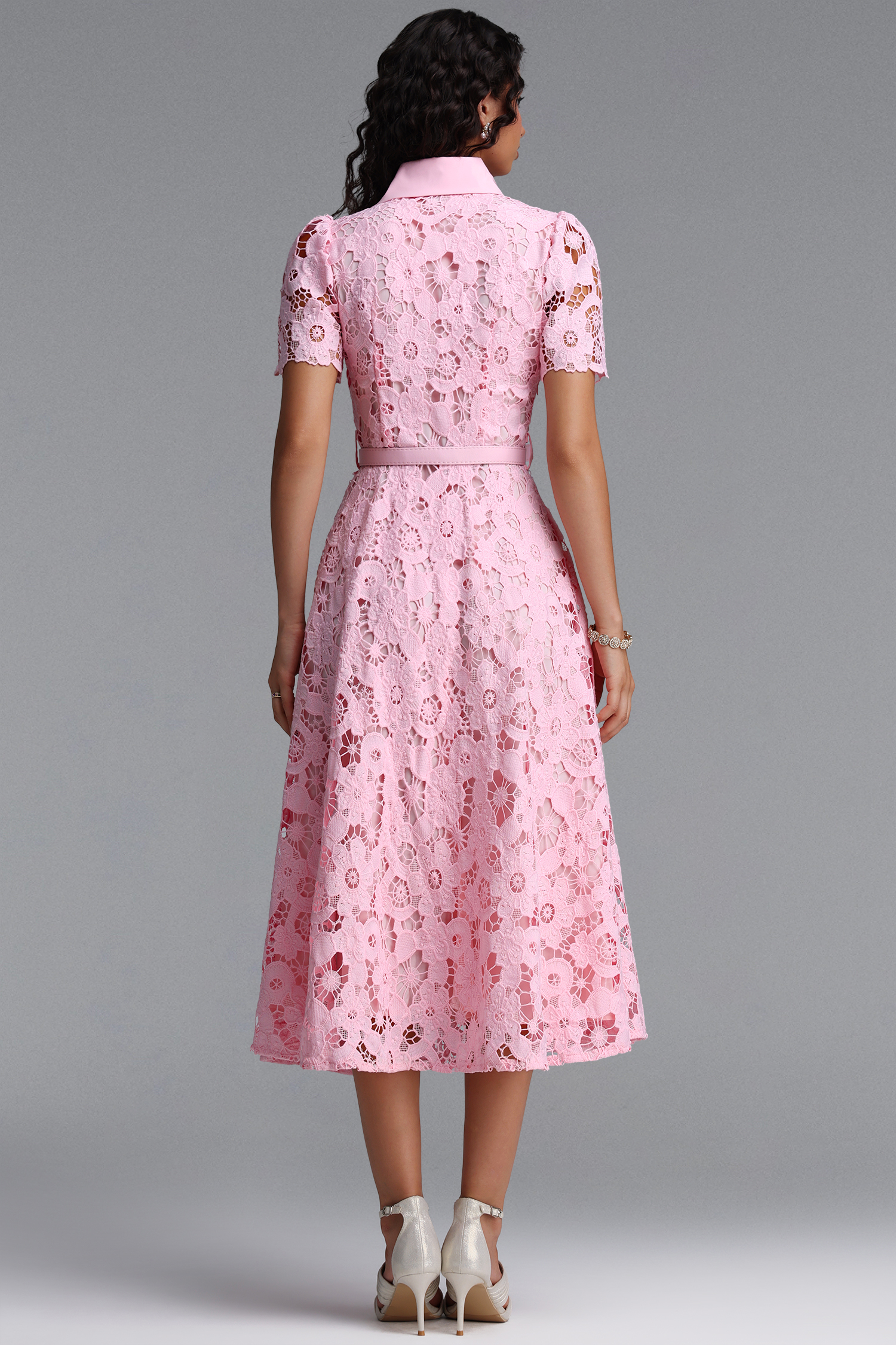 Salo Classic Tailored Bow Collar Short Sleeve Floral Lace Midi Dress