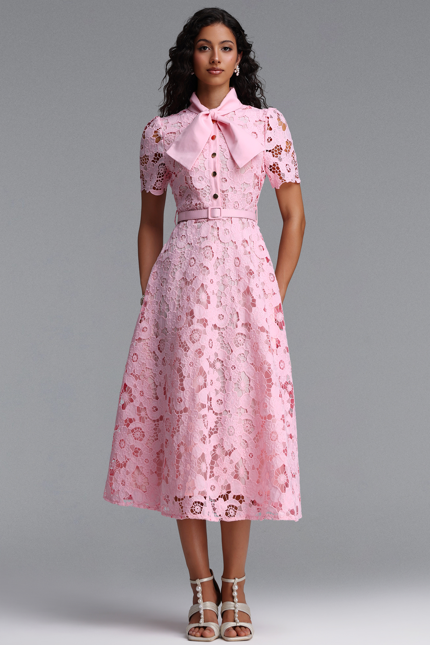 Salo Classic Tailored Bow Collar Short Sleeve Floral Lace Midi Dress