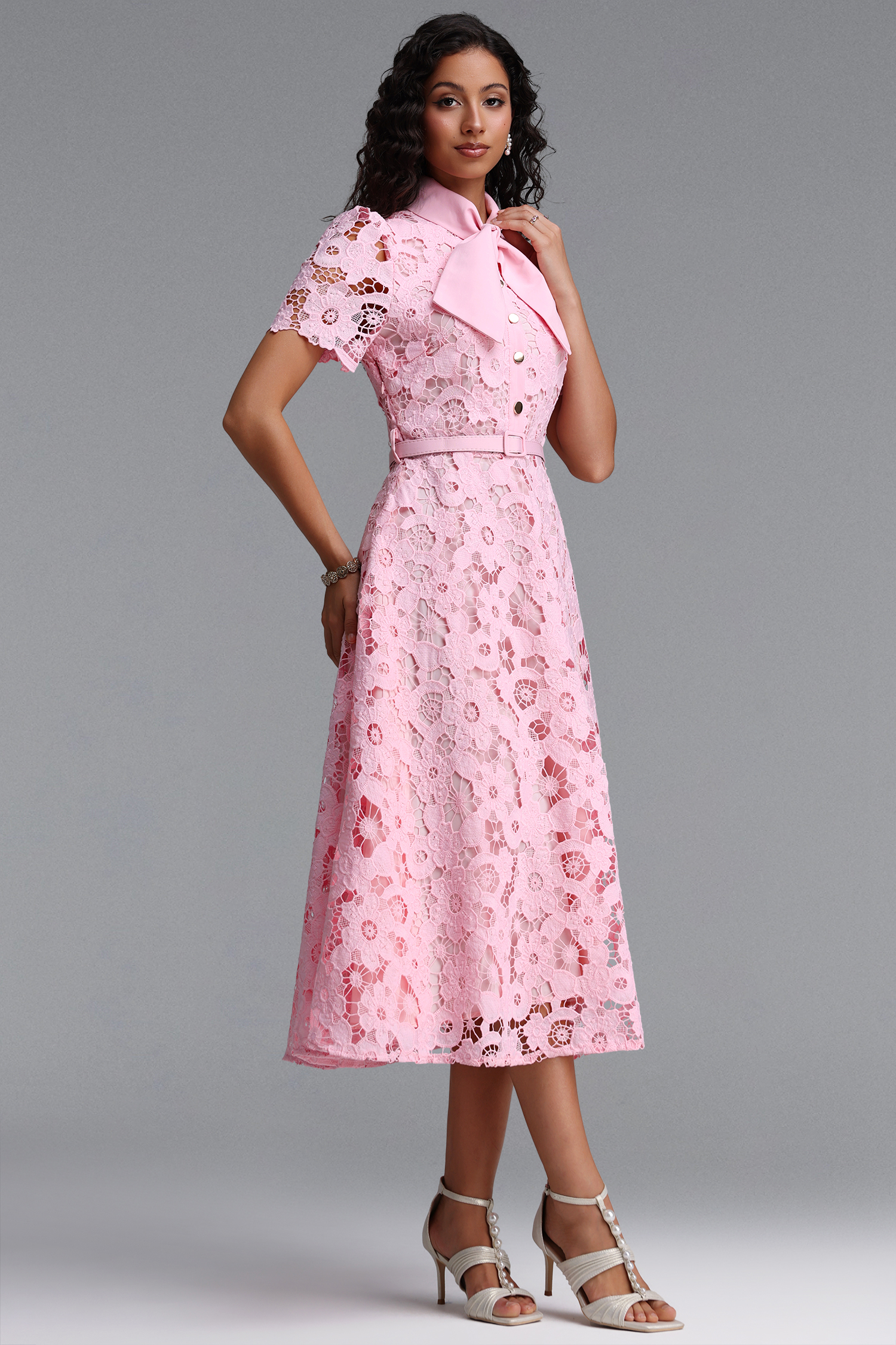 Salo Classic Tailored Bow Collar Short Sleeve Floral Lace Midi Dress