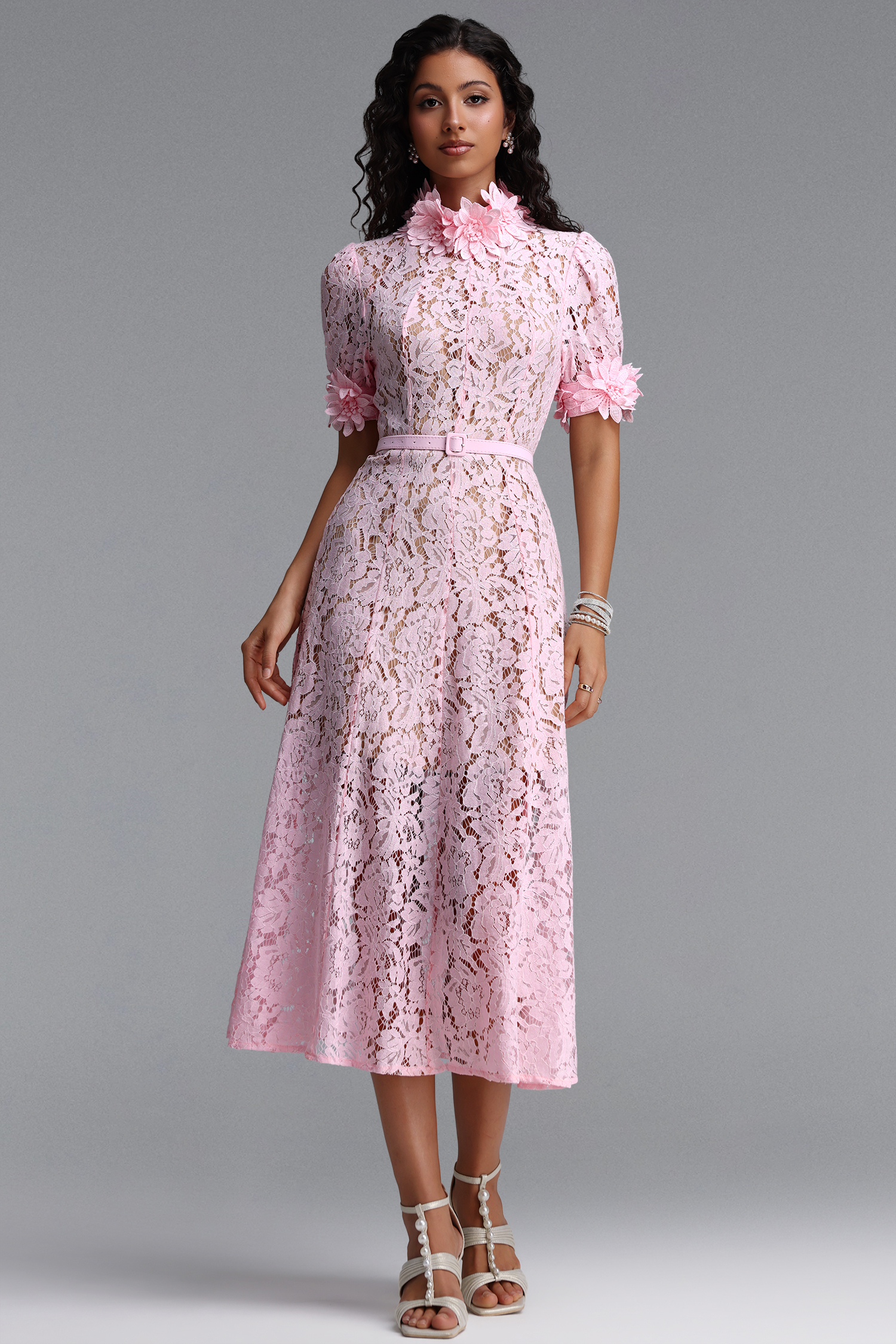 Tusare Elegant Tailored Short Sleeve Floral Lace Pink Maxi Dress
