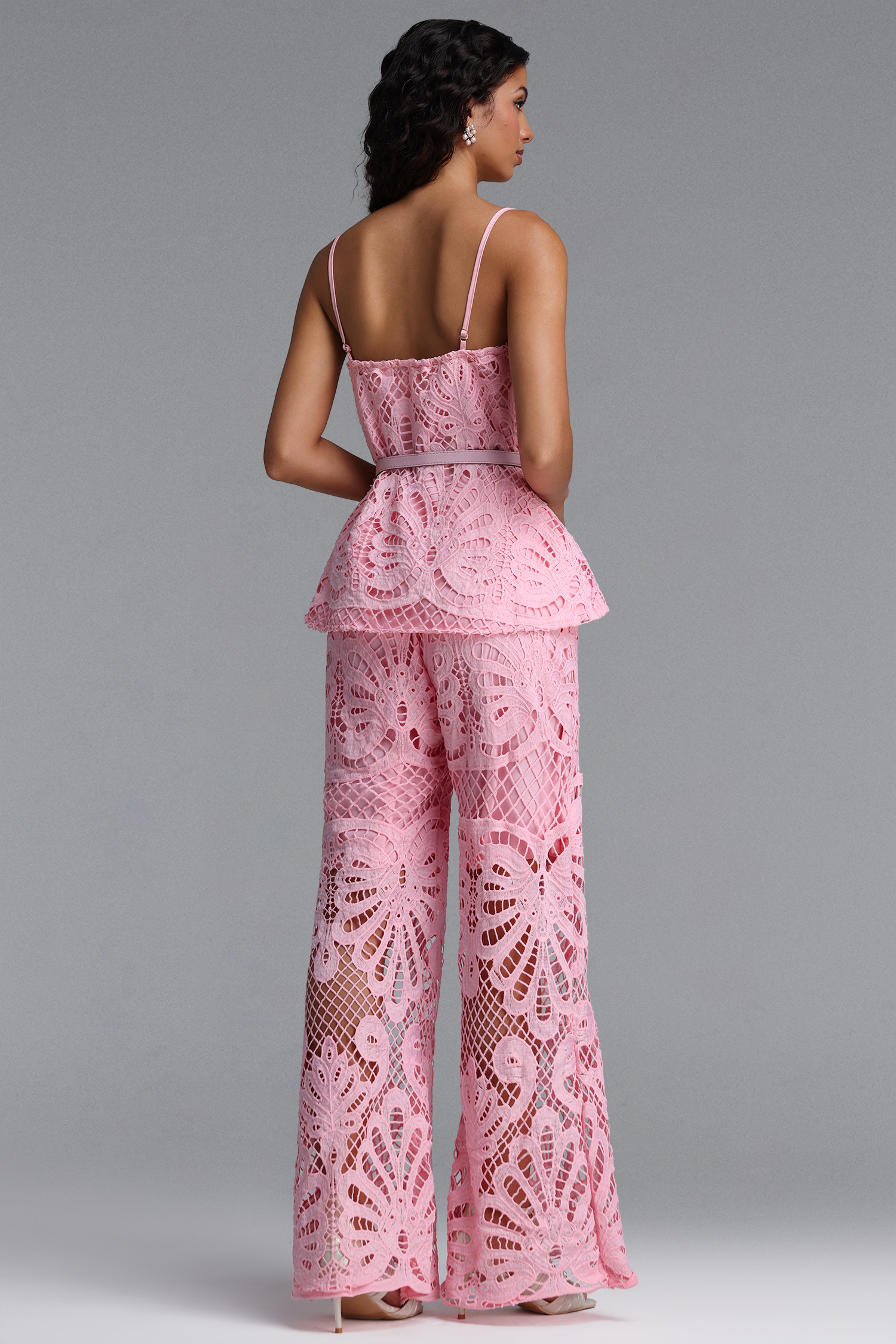 Kristie Chic Tailored Spaghetti Strap Lace Top And Pant Two Piece Set