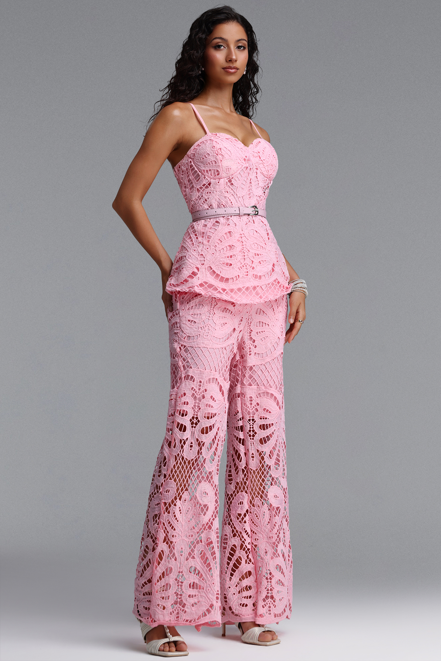 Kristie Chic Tailored Spaghetti Strap Lace Top And Pant Two Piece Set
