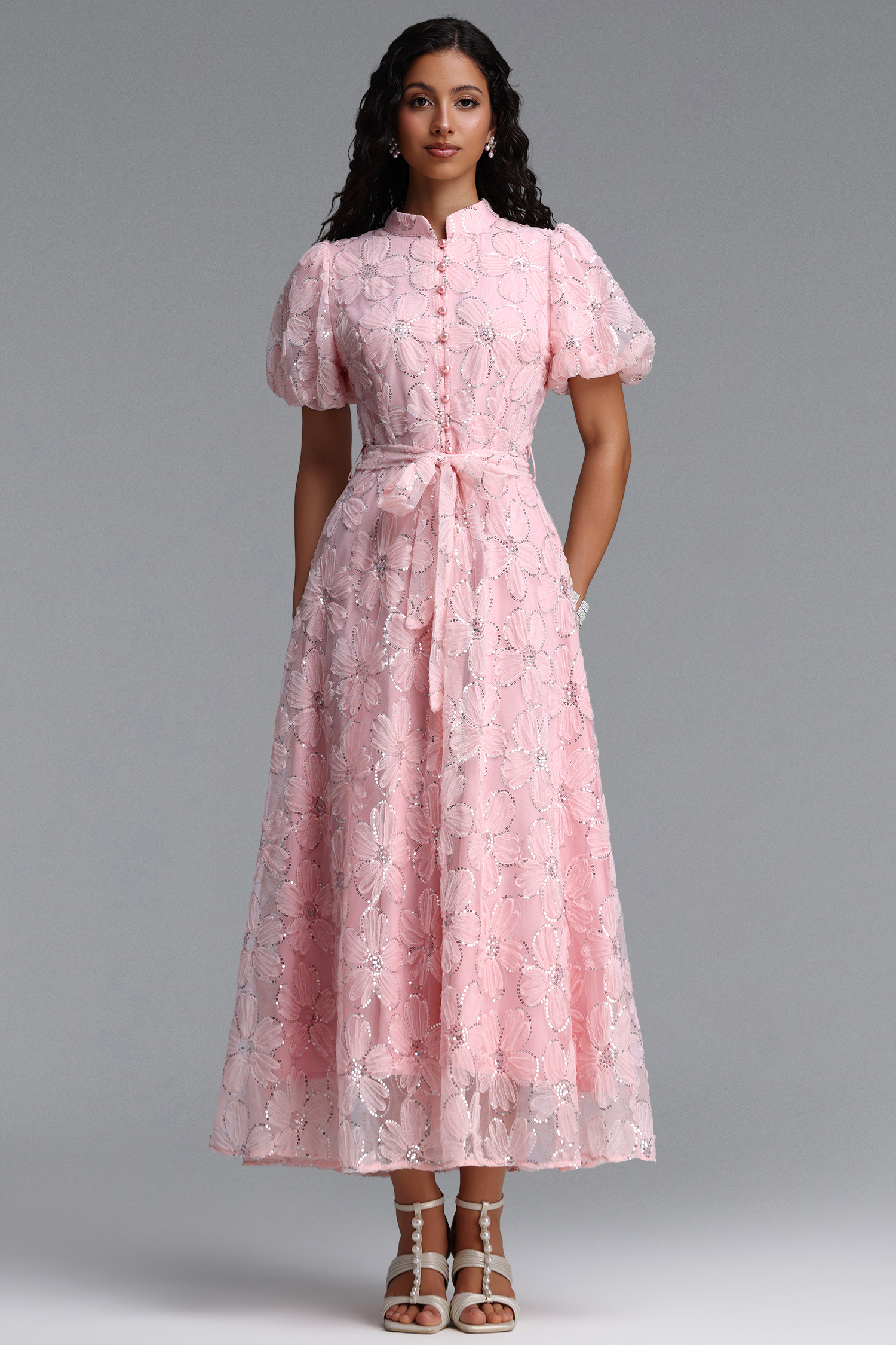 Dorothea Resort Flowy Puff Sleeve Sequin Floral Woven Maxi Dress