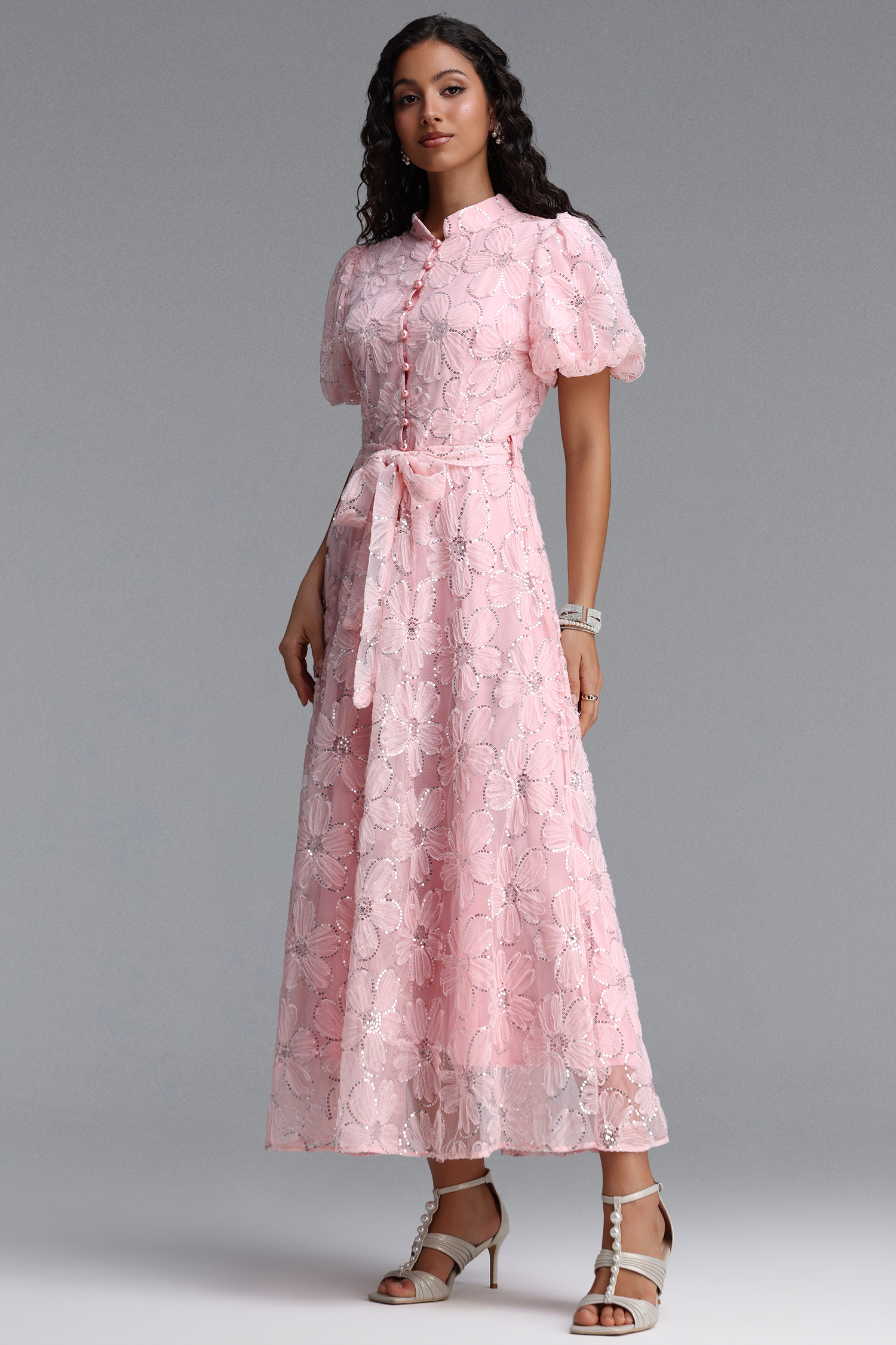 Dorothea Resort Flowy Puff Sleeve Sequin Floral Woven Maxi Dress
