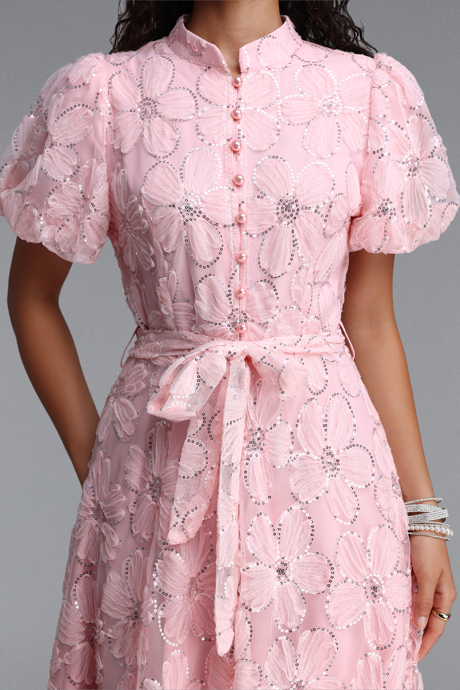 Dorothea Resort Flowy Puff Sleeve Sequin Floral Woven Maxi Dress