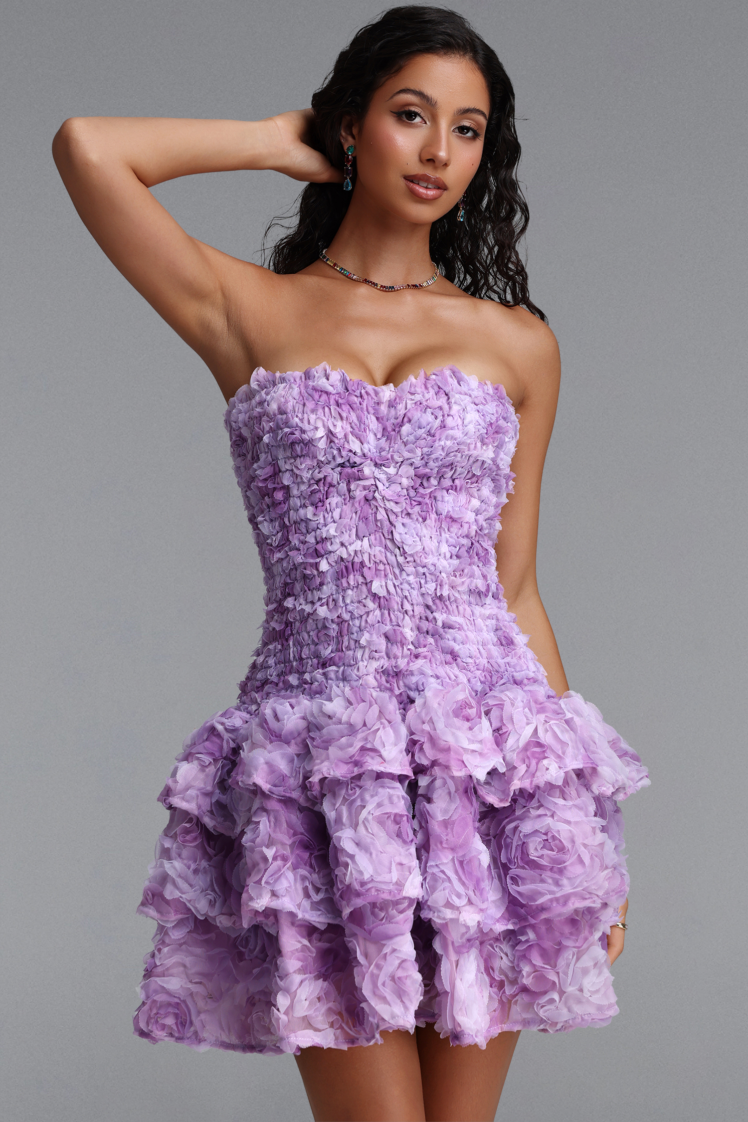 Ikira Elegant Contour Sleeveless Floral Knit Purple Mini Dress