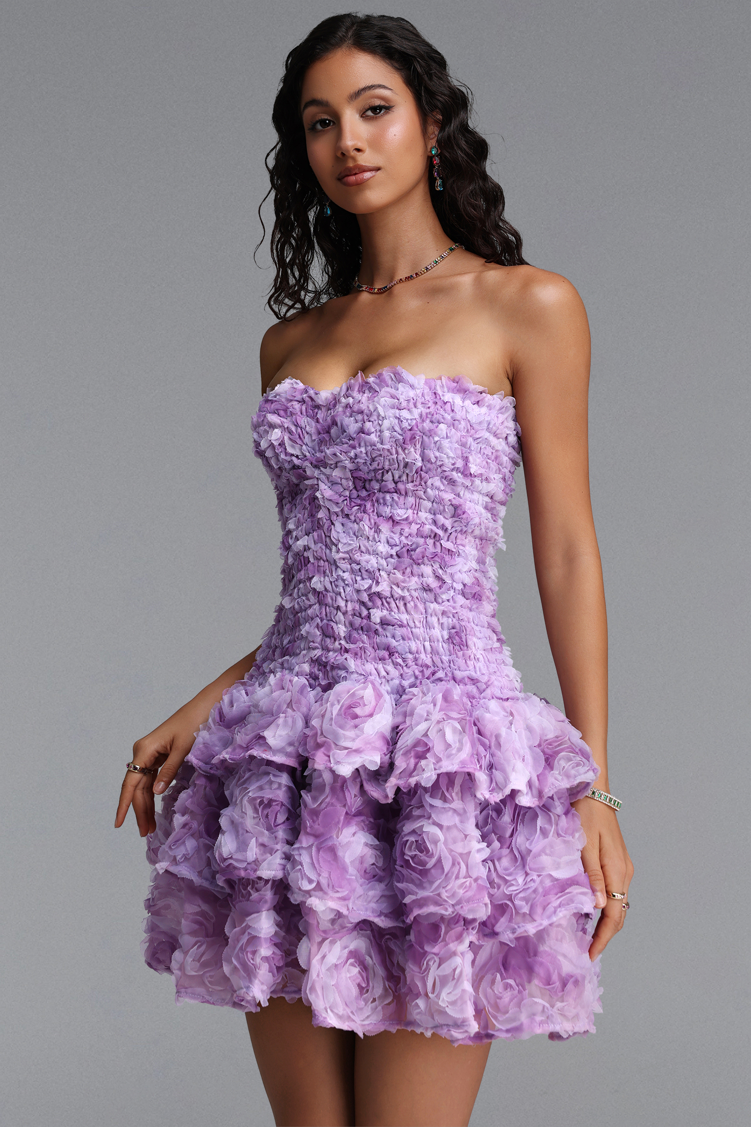 Ikira Elegant Contour Sleeveless Floral Knit Purple Mini Dress