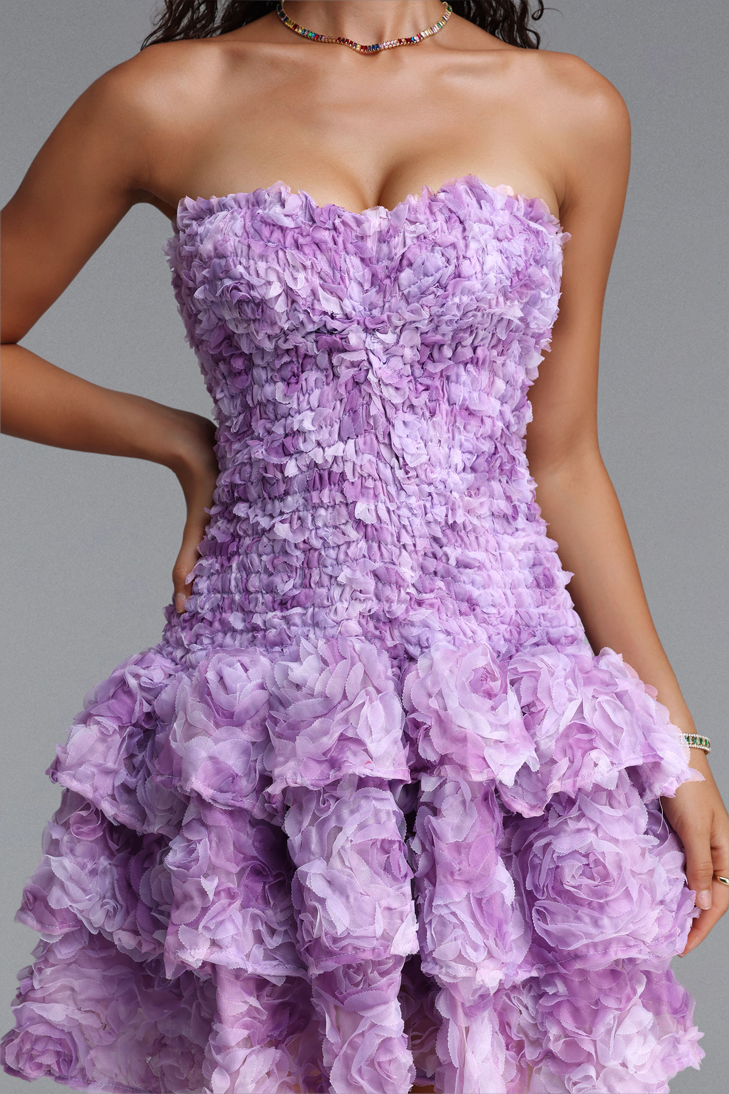 Ikira Elegant Contour Sleeveless Floral Knit Purple Mini Dress