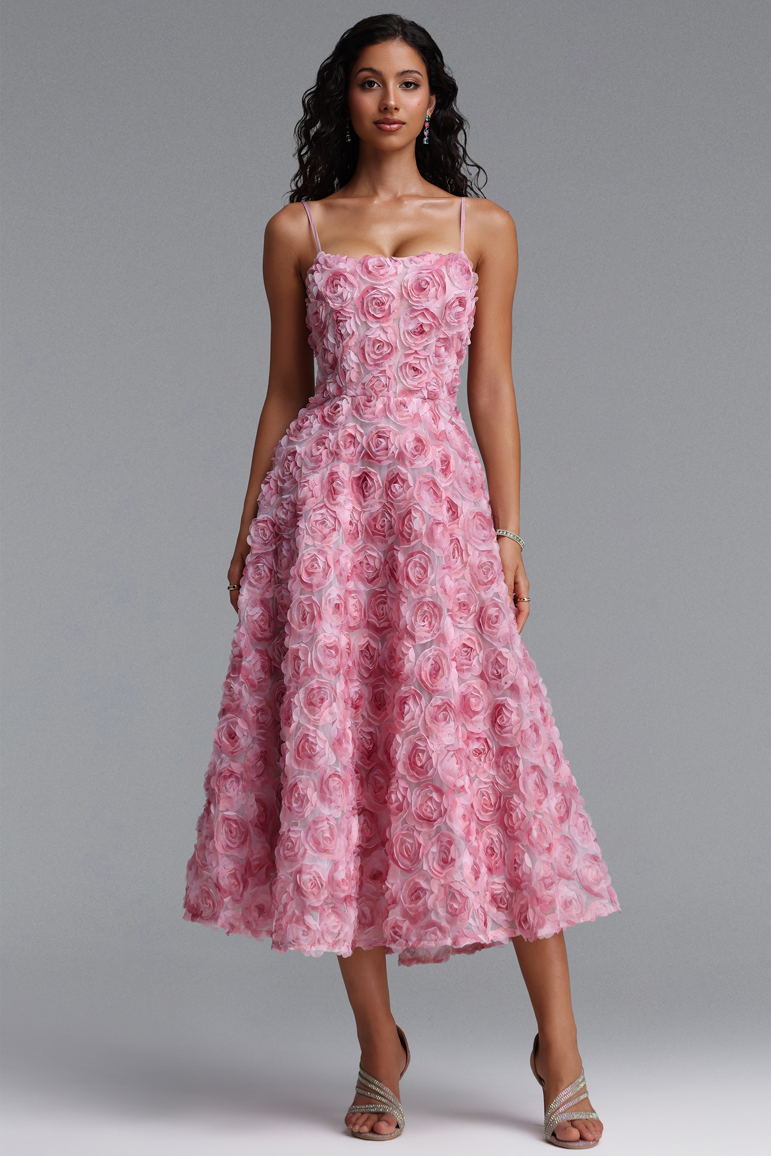 Gani Romantic Flowy Spaghetti Strap Floral Woven Maxi Dress