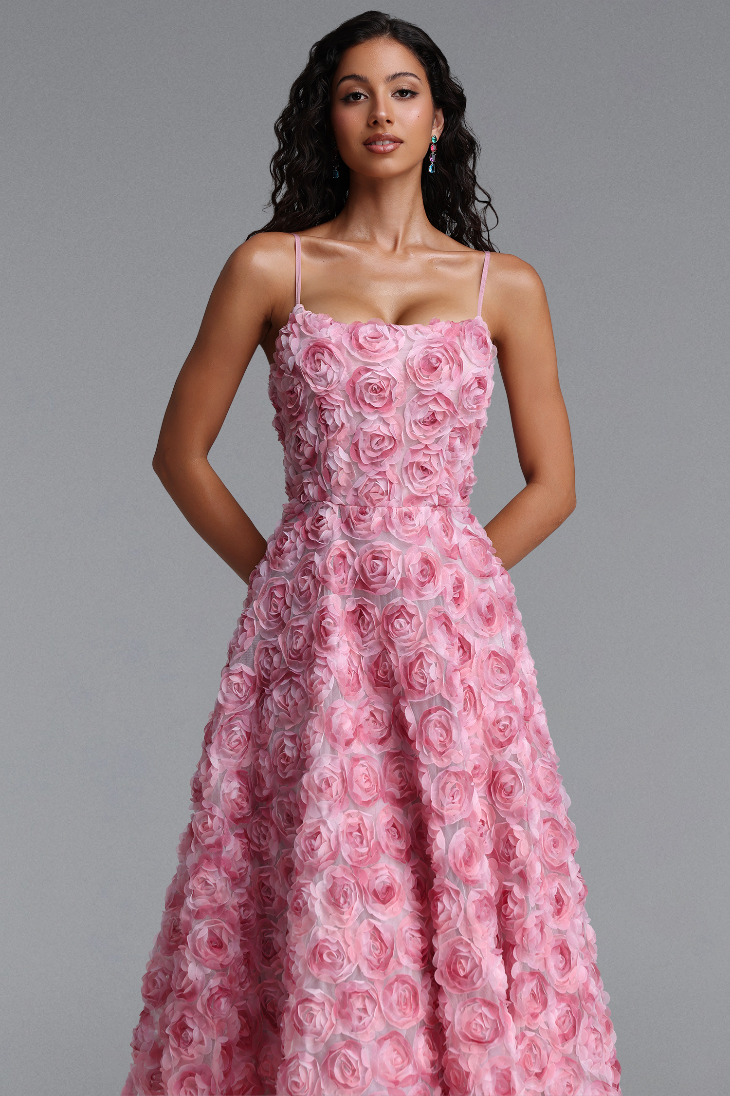 Gani Romantic Flowy Spaghetti Strap Floral Woven Maxi Dress