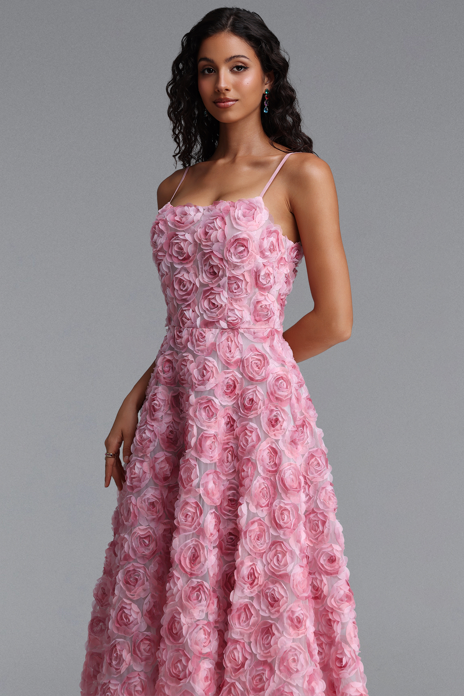 Gani Romantic Flowy Spaghetti Strap Floral Woven Maxi Dress
