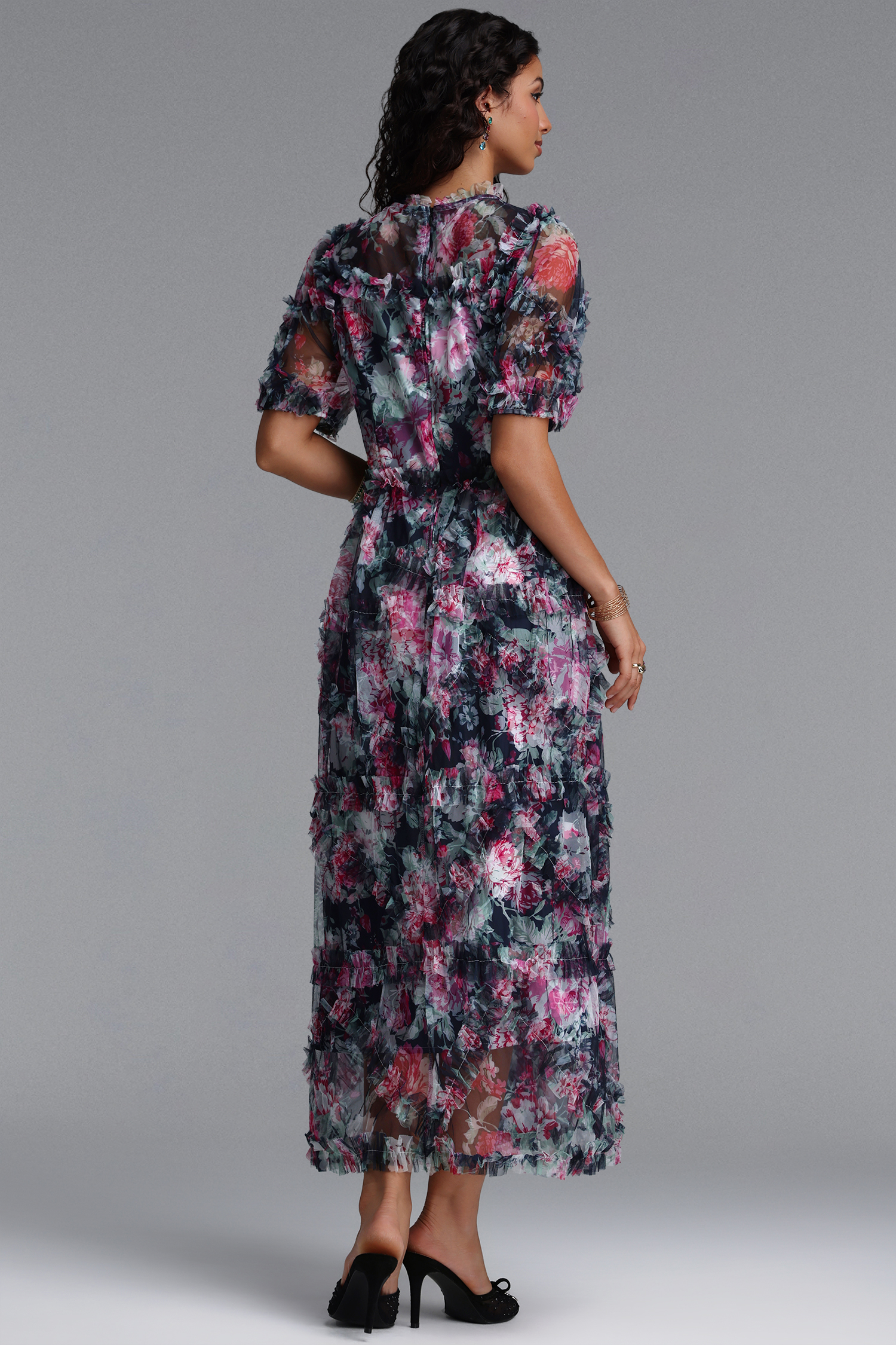 Eanna Romantic Flowy Short Sleeve Floral Print Woven Maxi Dress