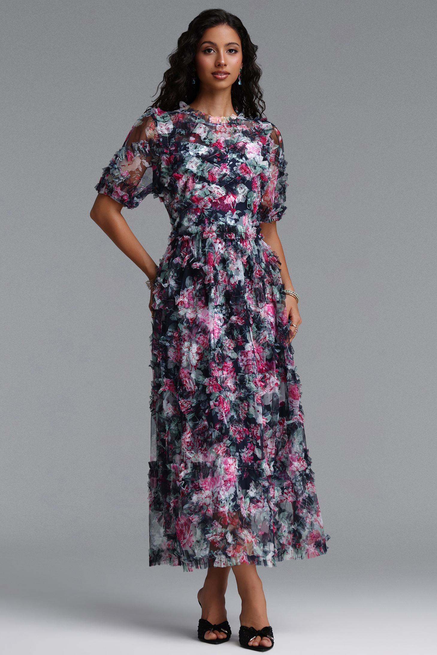 Eanna Romantic Flowy Short Sleeve Floral Print Woven Maxi Dress