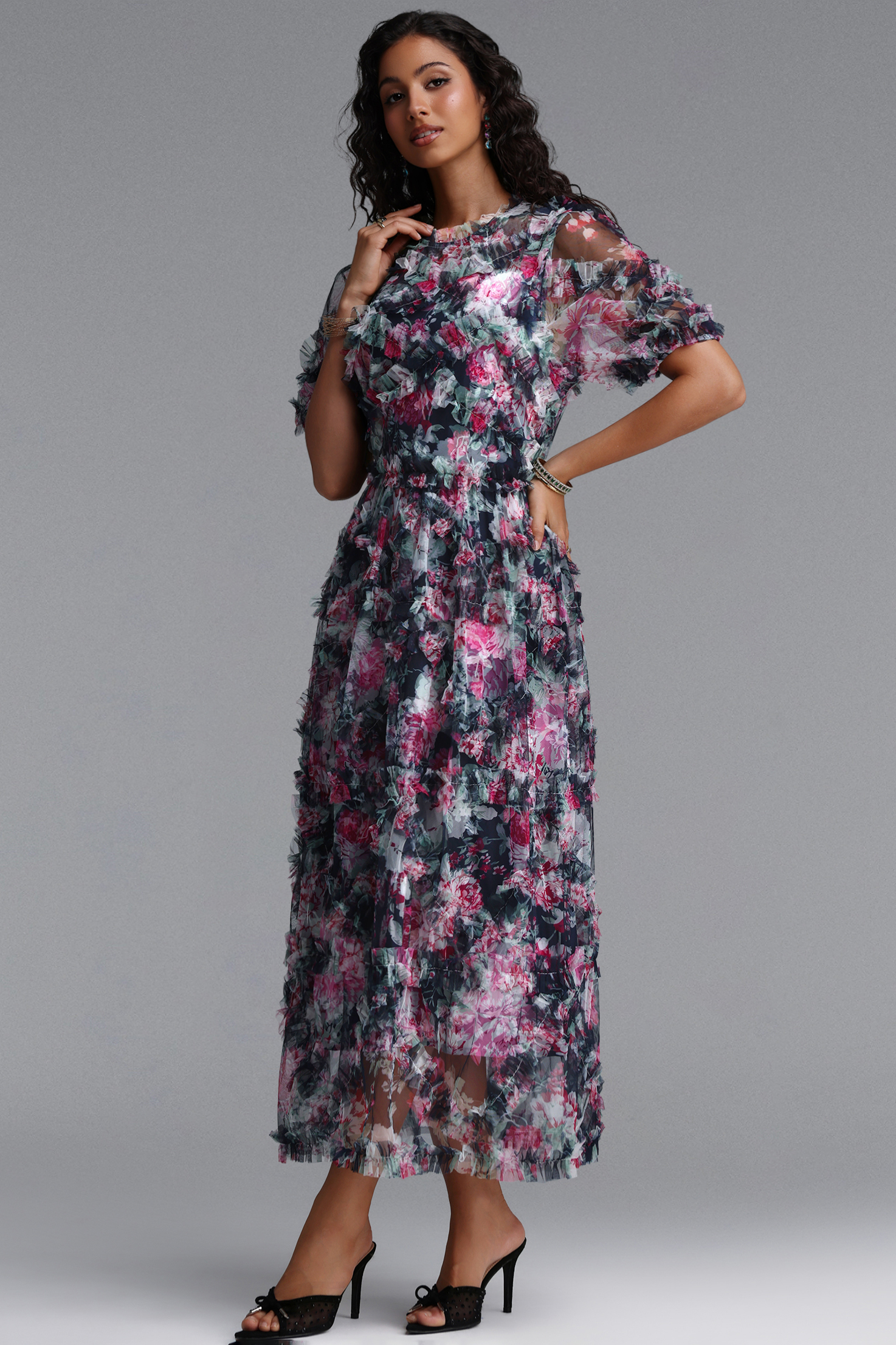 Eanna Romantic Flowy Short Sleeve Floral Print Woven Maxi Dress