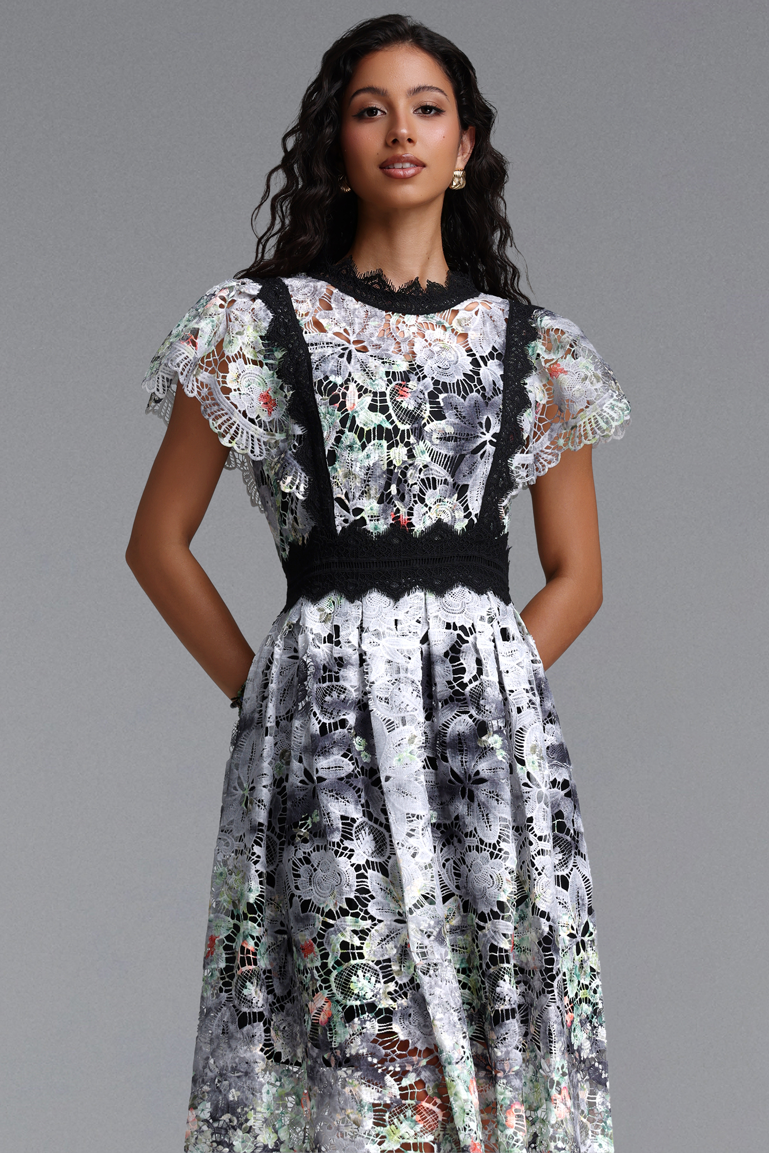 Leanna Resort Flowy Short Sleeve Floral Print Lace Black Midi Dress