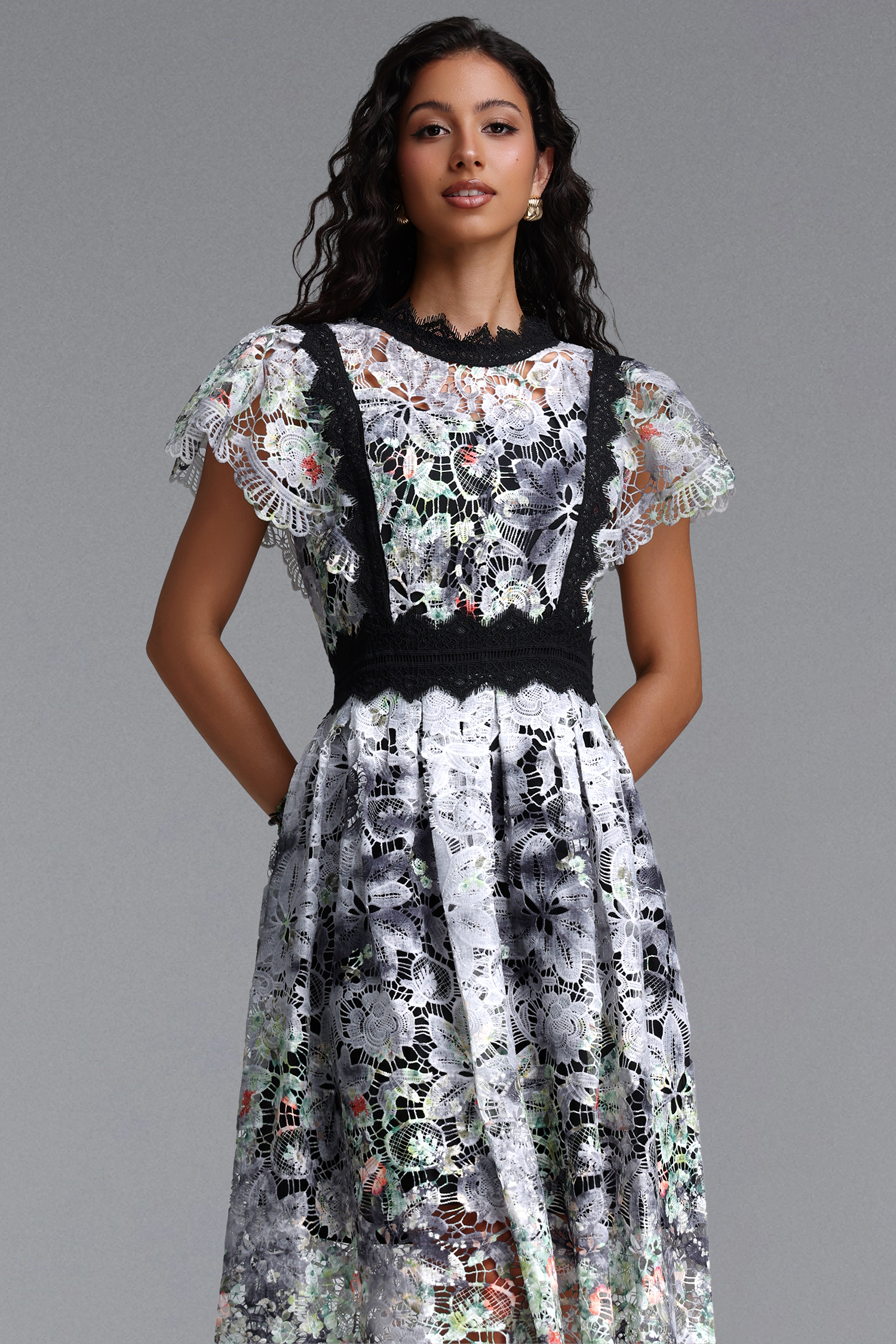 Leanna Resort Flowy Short Sleeve Floral Print Lace Black Midi Dress