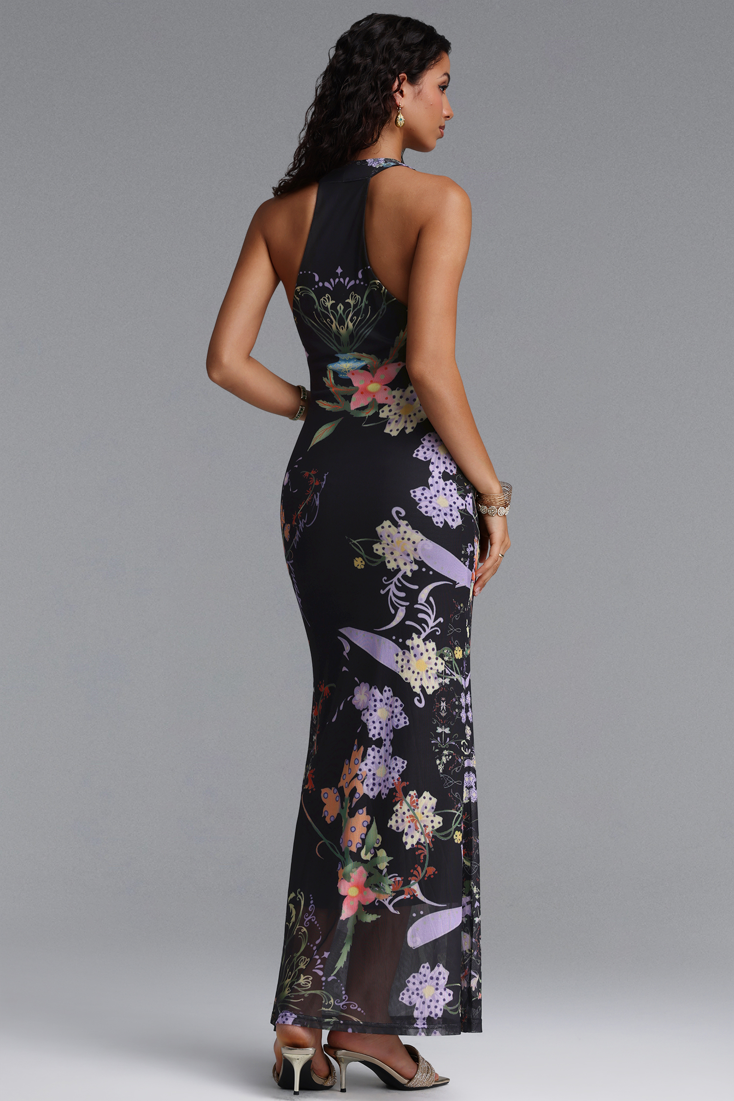 Pelze Sexy Contour Sleeveless Floral Print Mesh Maxi Dress
