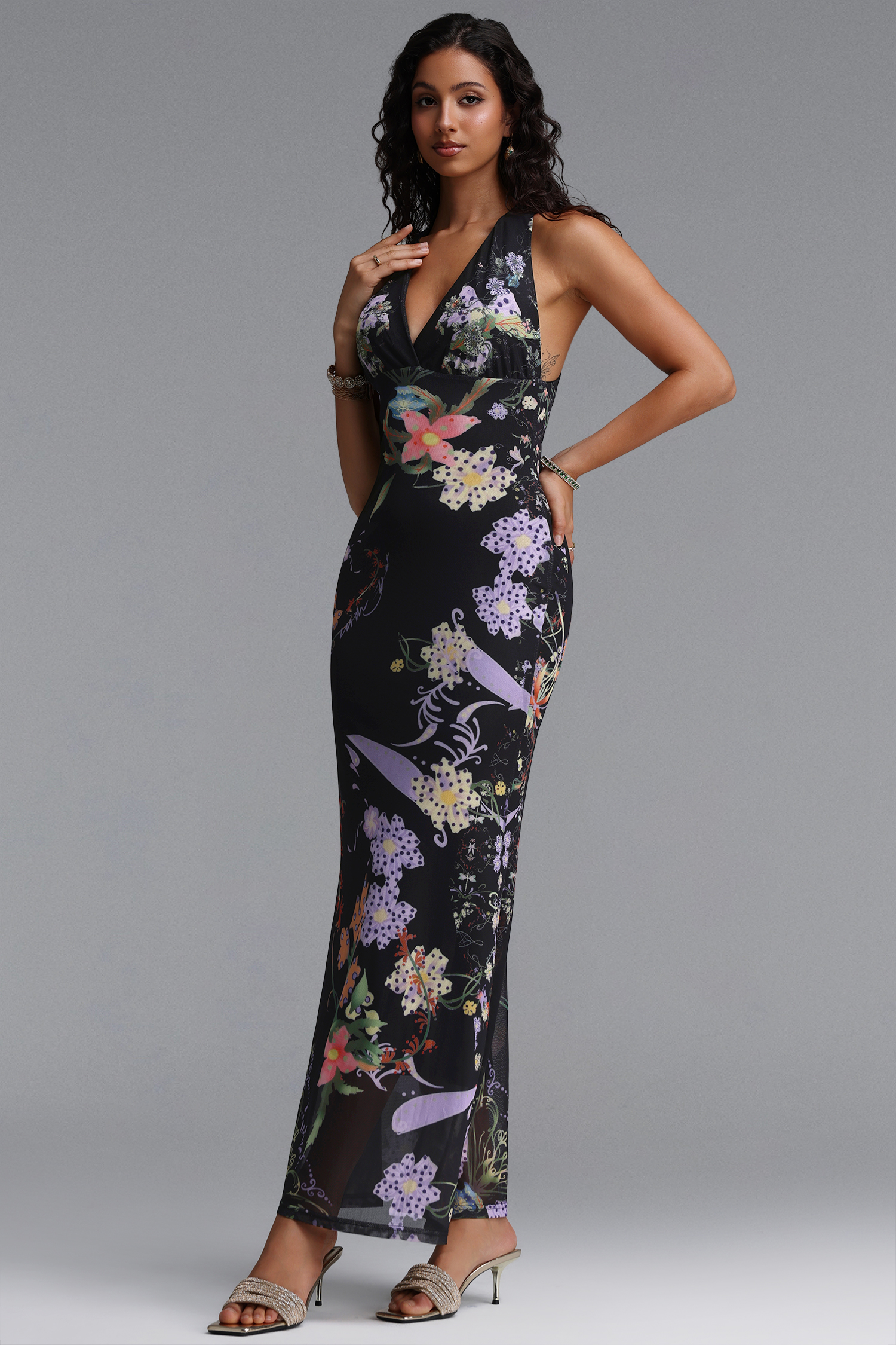 Pelze Sexy Contour Sleeveless Floral Print Mesh Maxi Dress