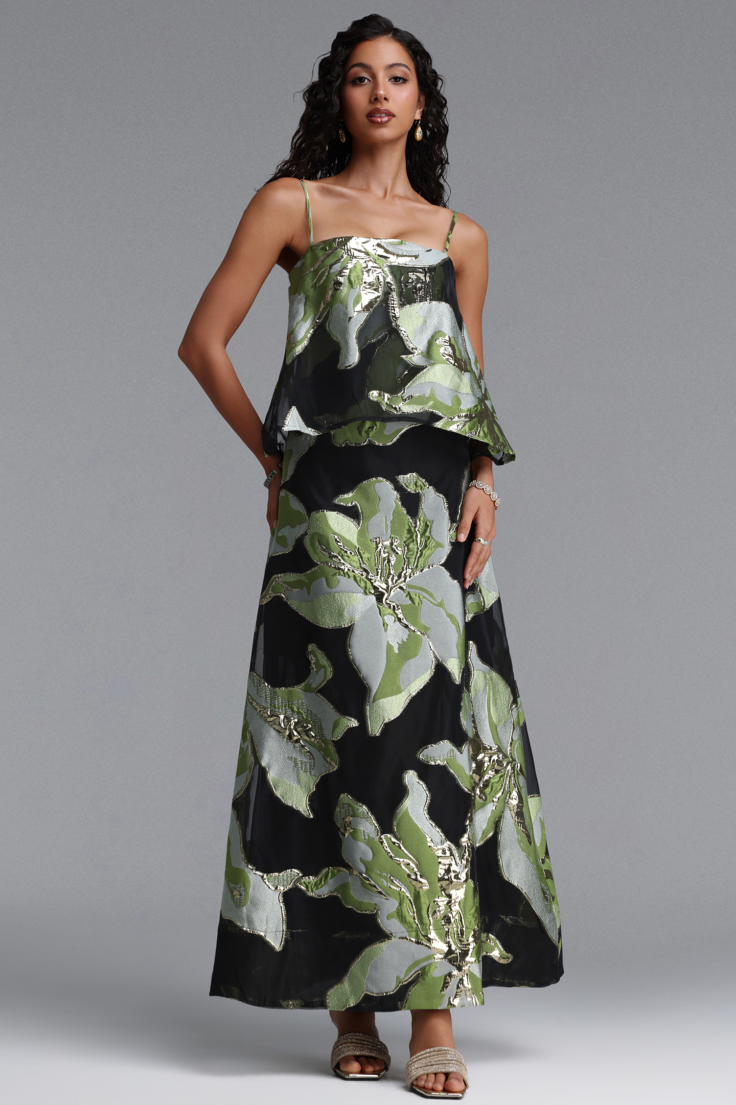 Rosita Resort Flowy Spaghetti Strap Floral Woven Maxi Dress