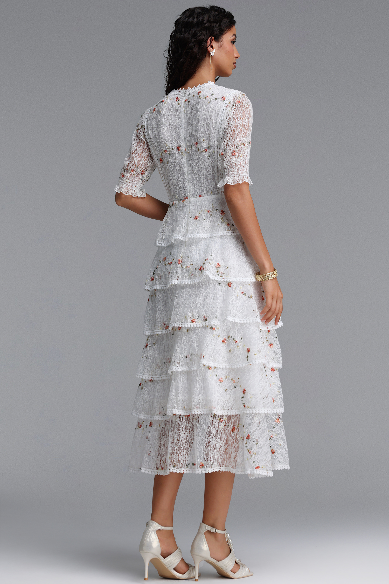 Nevaeh Romantic Flowy Short Sleeve Tiered Ruffle Embroidered Floral Lace Maxi Dress