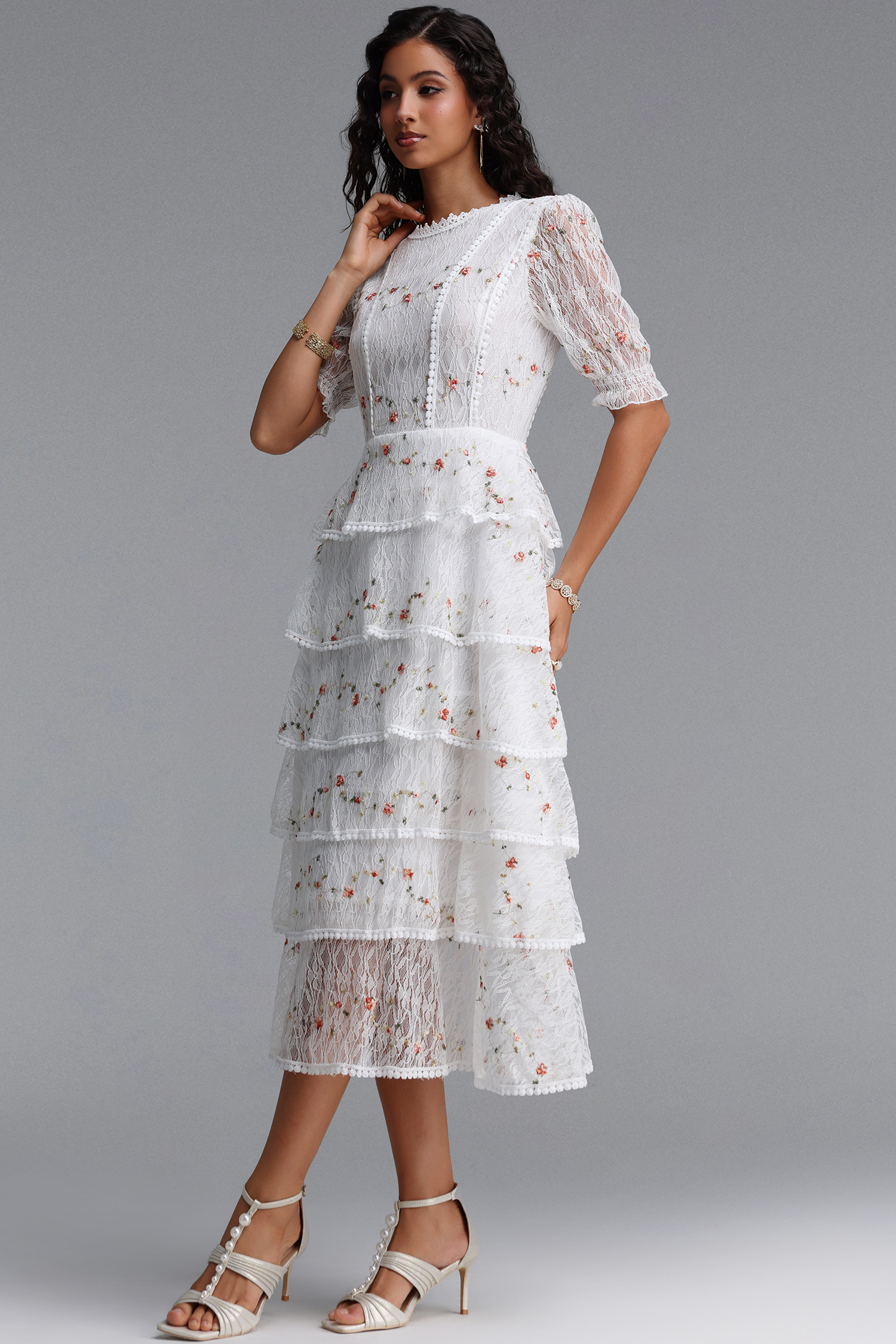 Nevaeh Romantic Flowy Short Sleeve Tiered Ruffle Embroidered Floral Lace Maxi Dress