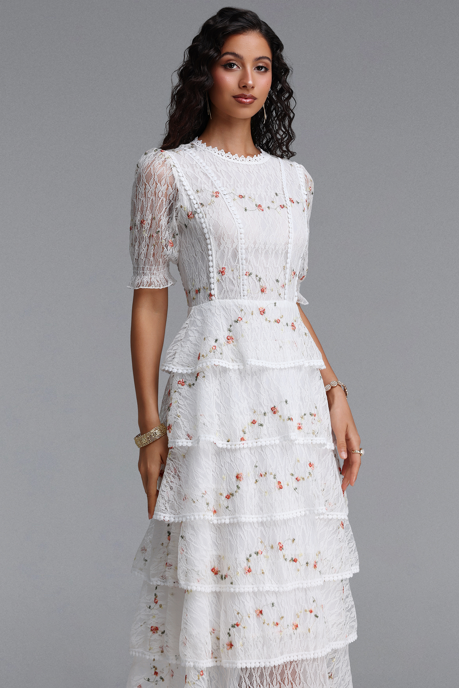 Nevaeh Romantic Flowy Short Sleeve Tiered Ruffle Embroidered Floral Lace Maxi Dress