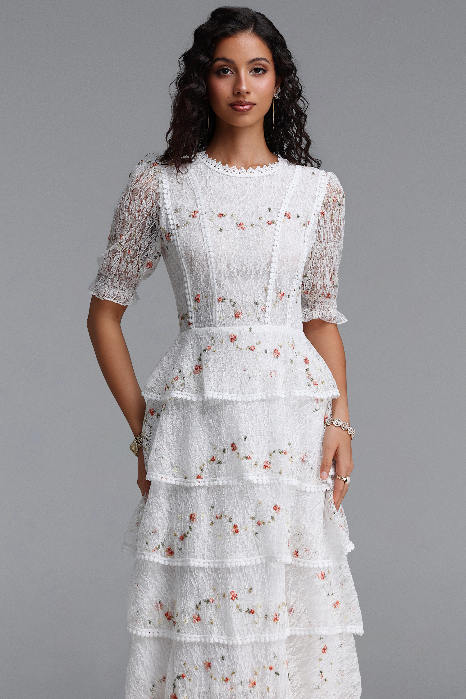 Nevaeh Romantic Flowy Short Sleeve Tiered Ruffle Embroidered Floral Lace Maxi Dress