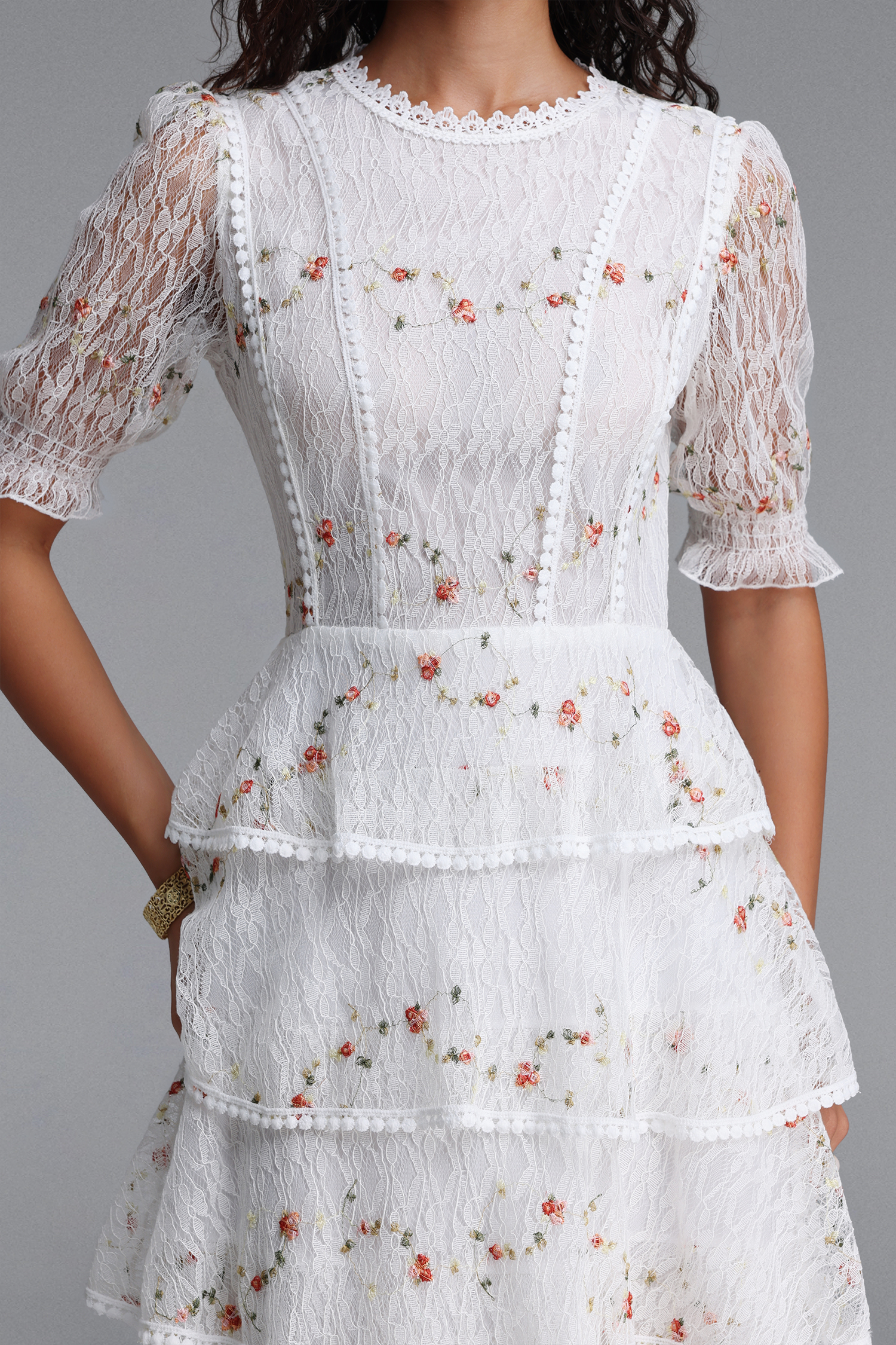 Nevaeh Romantic Flowy Short Sleeve Tiered Ruffle Embroidered Floral Lace Maxi Dress