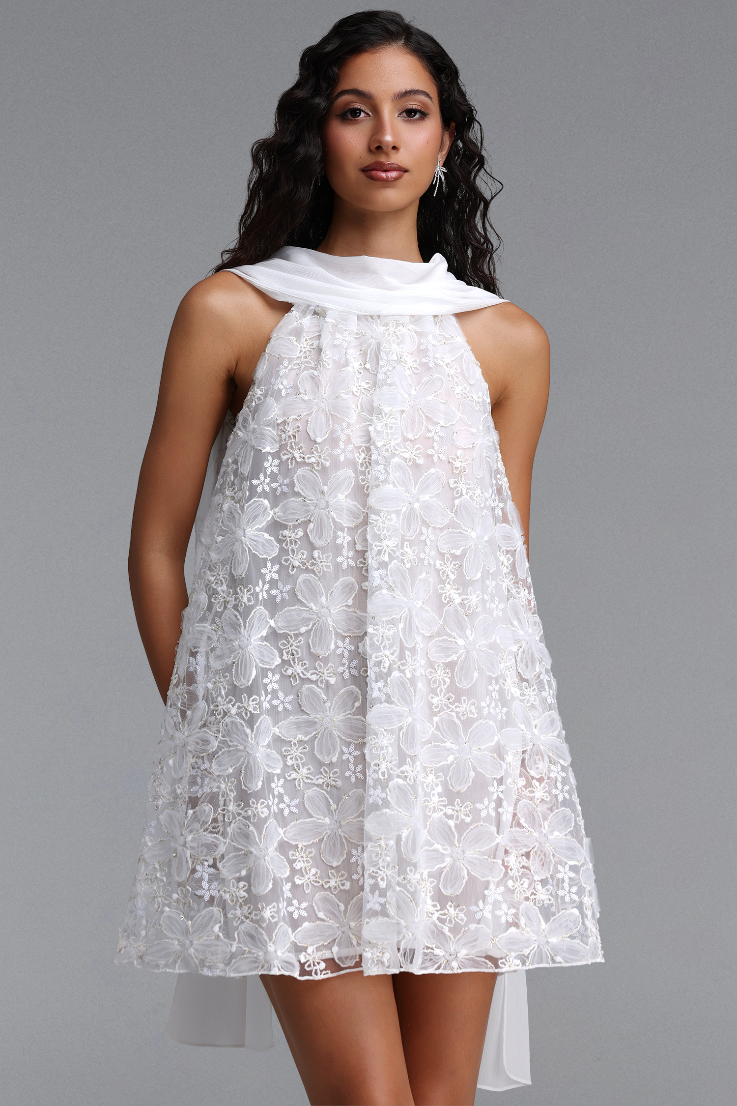 Lori Romantic Flowy Chiffon Tie Sleeveless Floral Woven Mini Dress