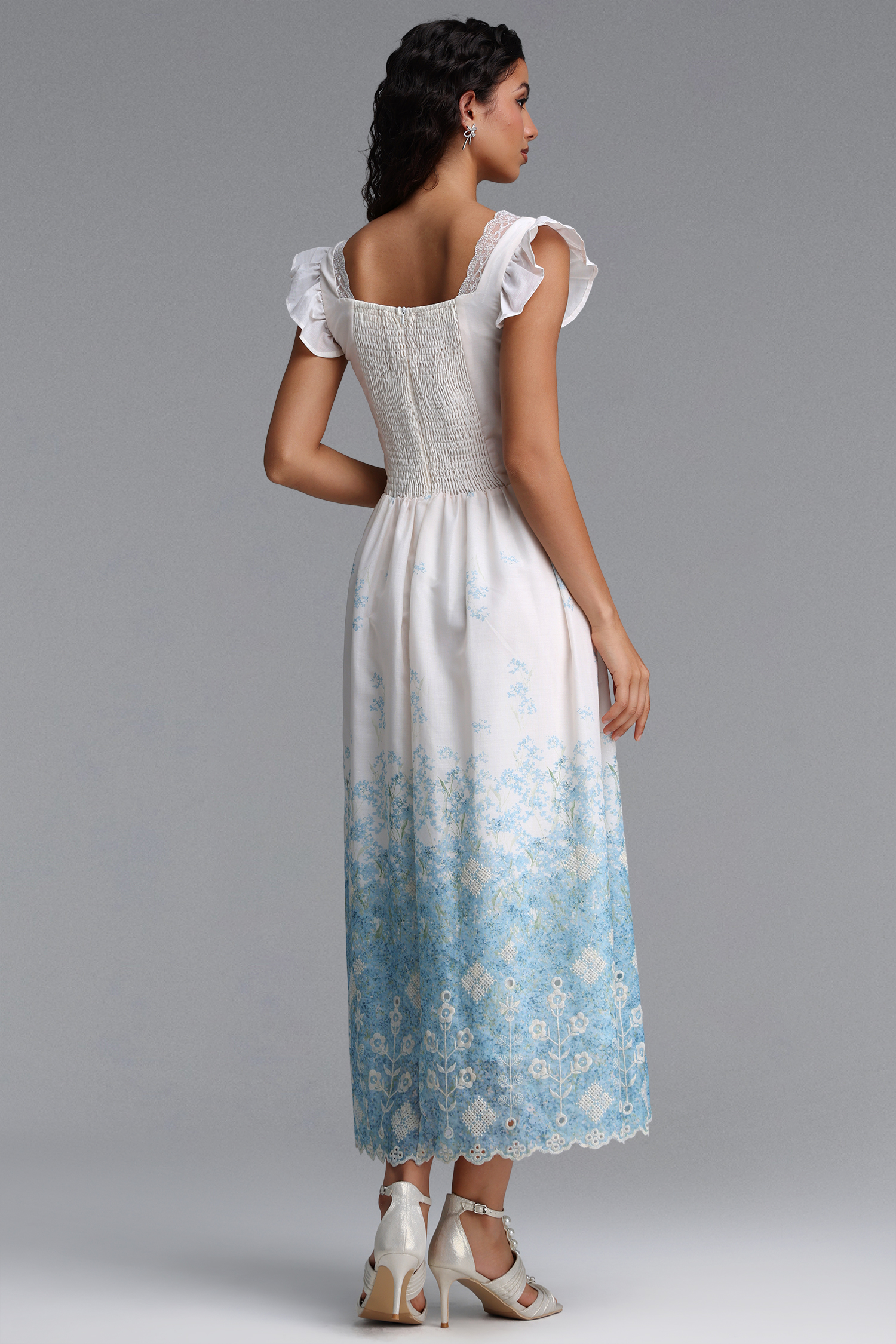 Ferlia Romantic Cinched Sleeveless Ruffle Floral Print Woven Maxi Dress