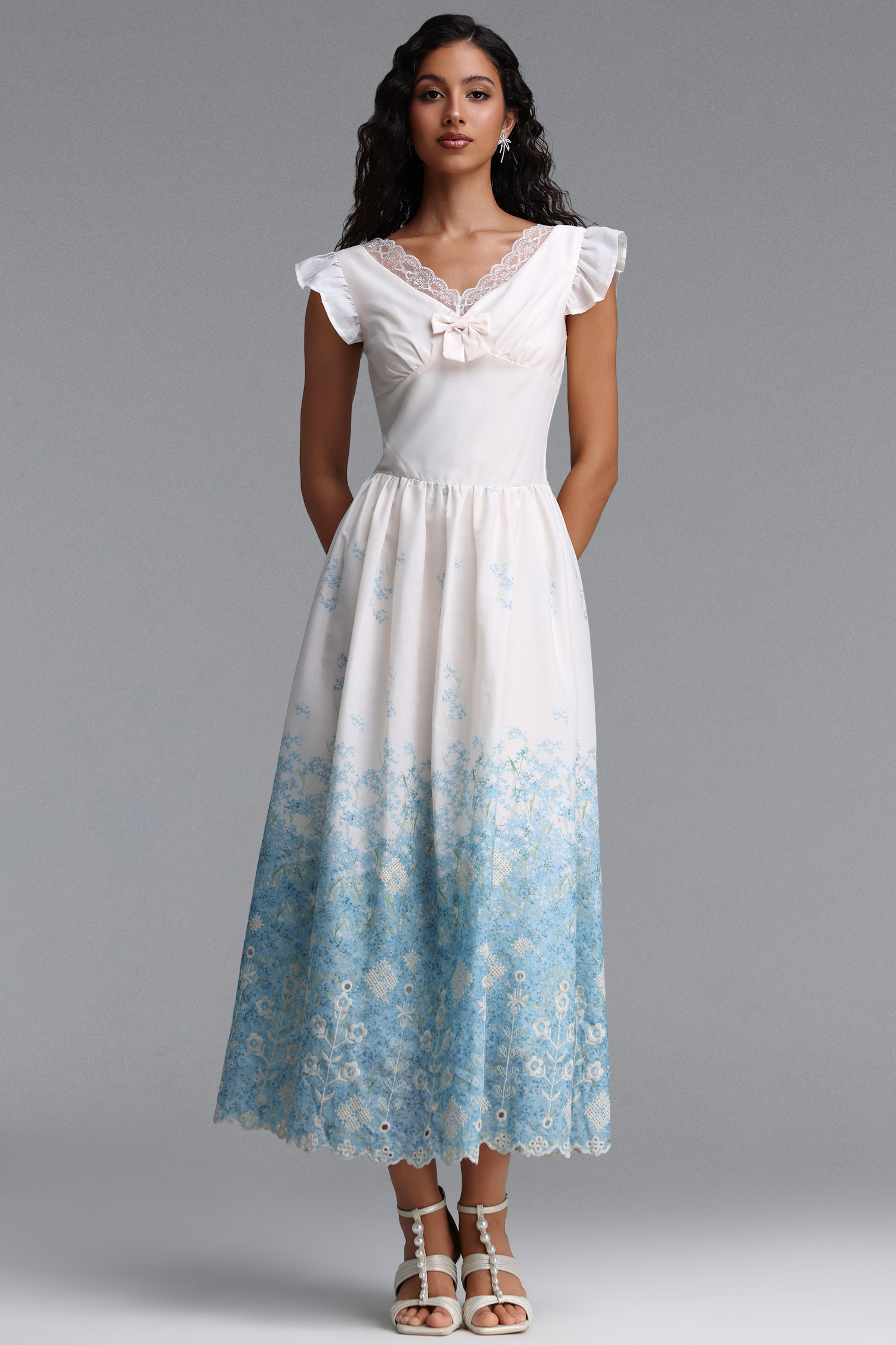 Ferlia Romantic Cinched Sleeveless Ruffle Floral Print Woven Maxi Dress