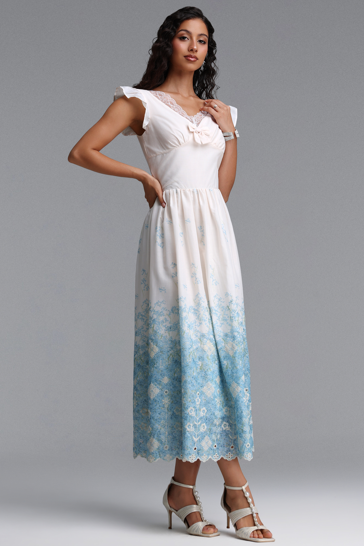 Ferlia Romantic Cinched Sleeveless Ruffle Floral Print Woven Maxi Dress
