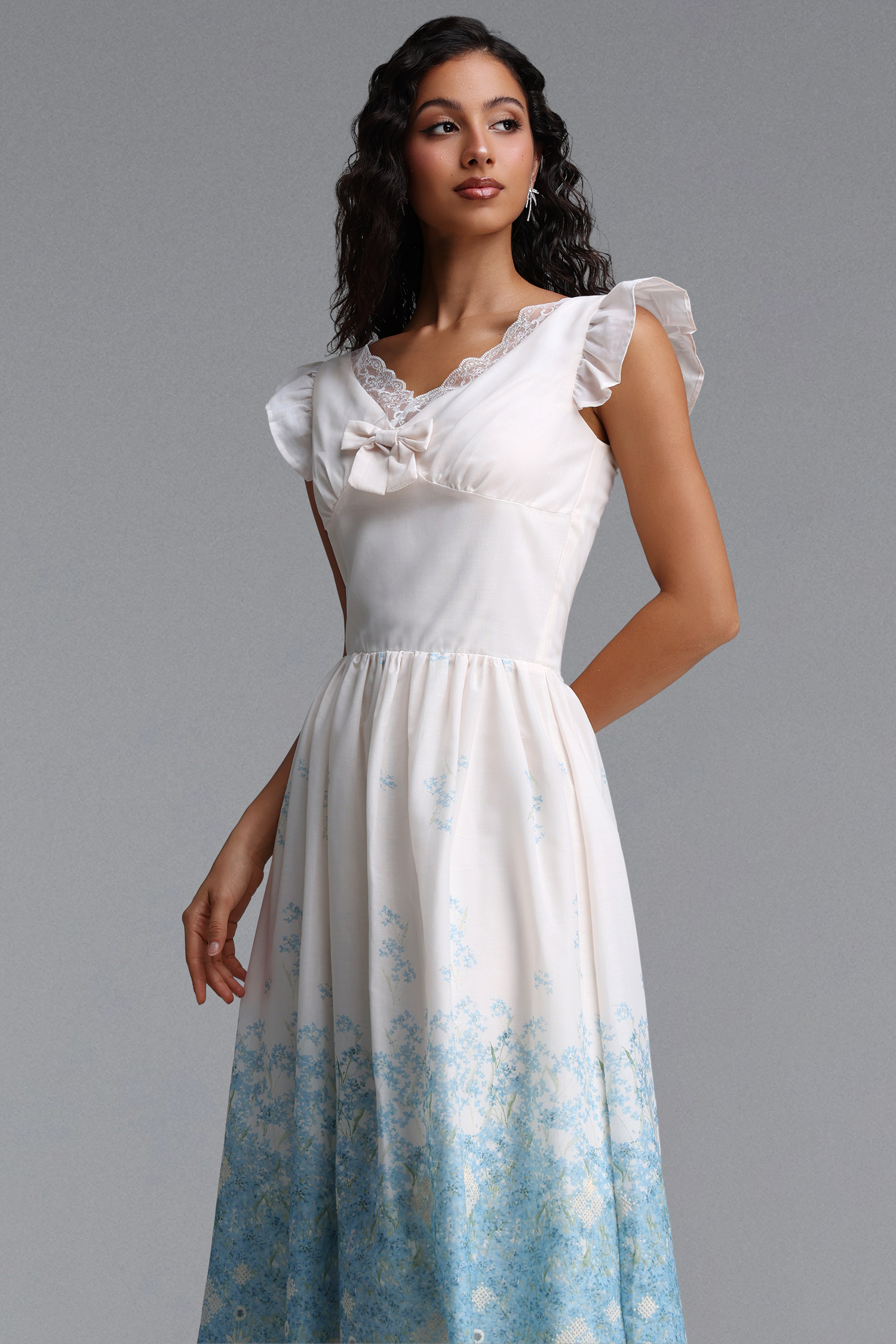 Ferlia Romantic Cinched Sleeveless Ruffle Floral Print Woven Maxi Dress