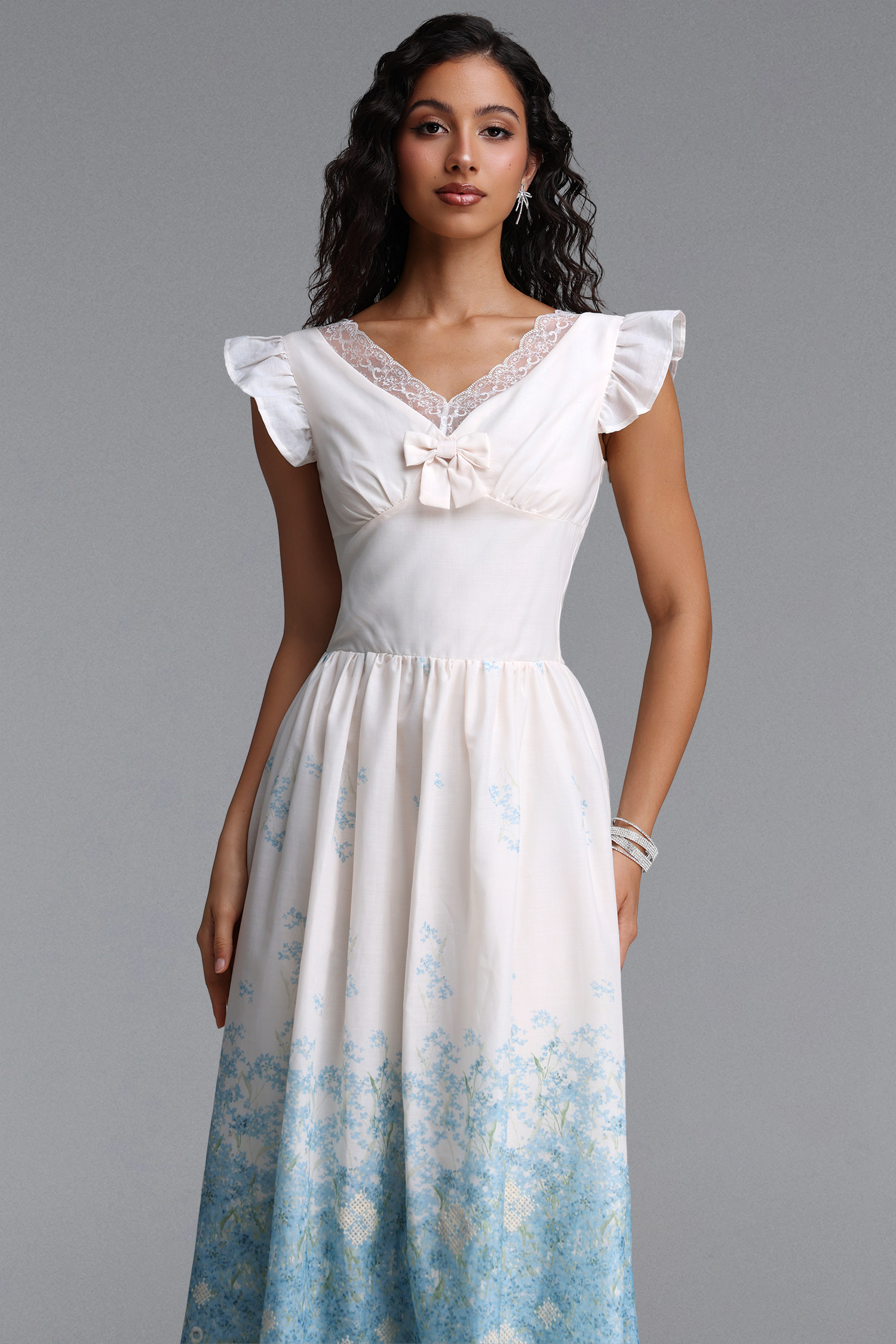 Ferlia Romantic Cinched Sleeveless Ruffle Floral Print Woven Maxi Dress