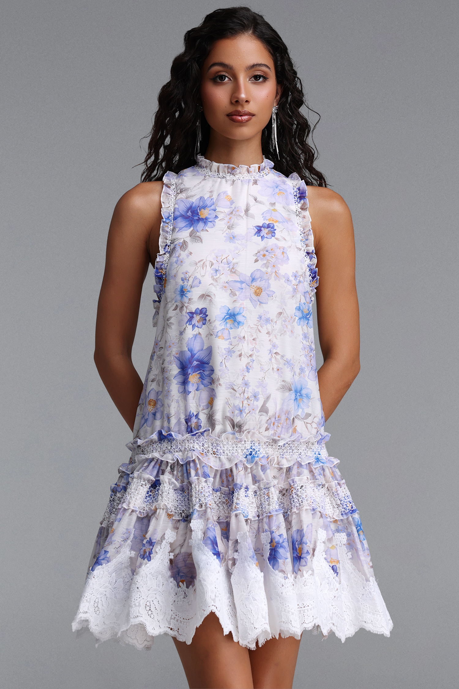 Didu Romantic Flowy Sleeveless Floral Print Lace Trimmed Woven Mini Dress