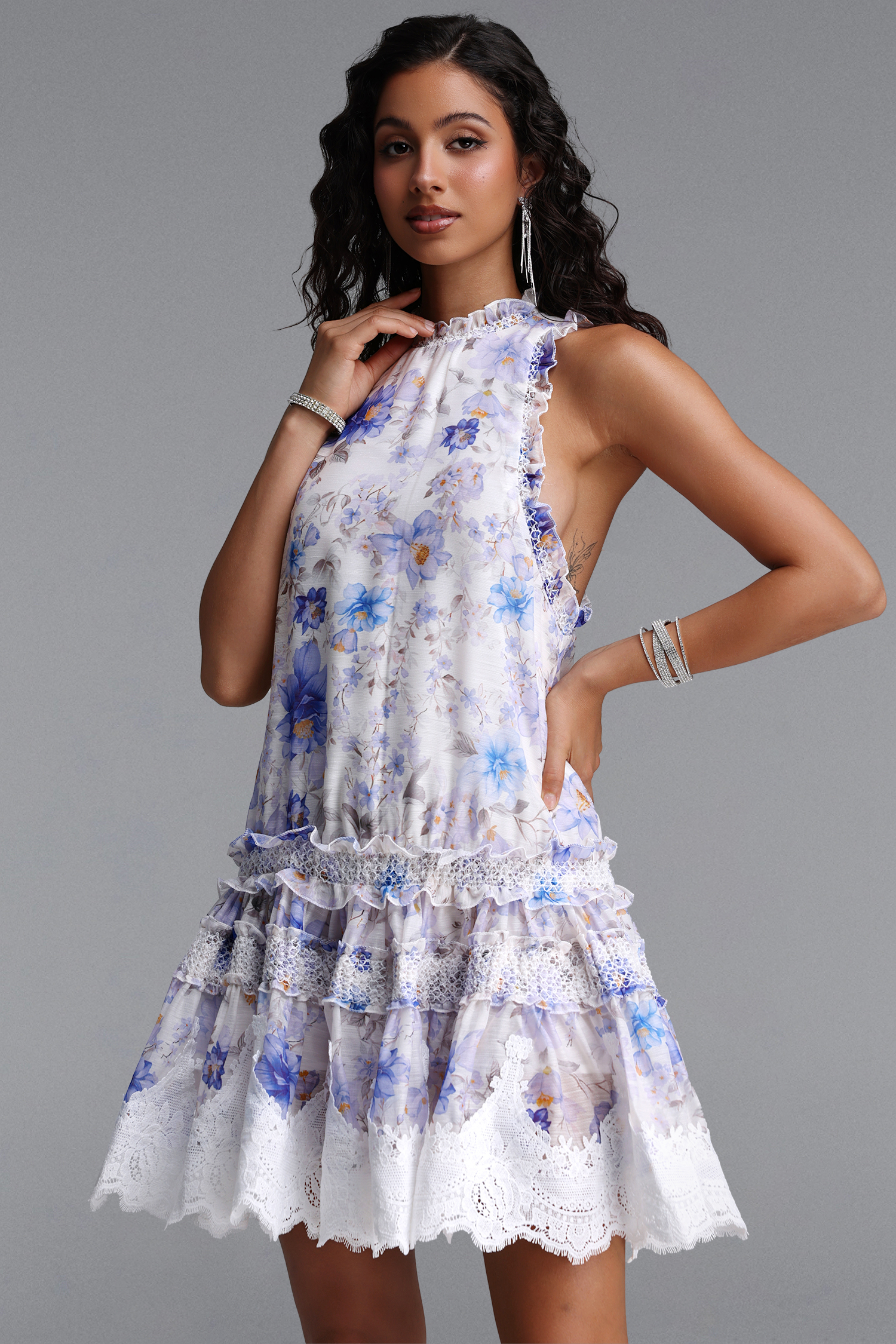 Didu Romantic Flowy Sleeveless Floral Print Lace Trimmed Woven Mini Dress