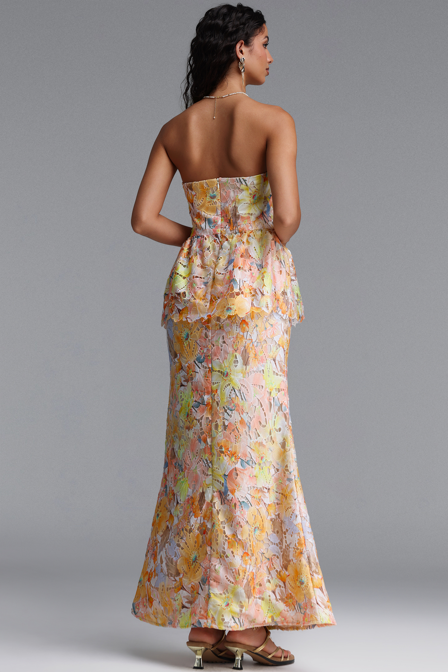 Deirdre Romantic Tailored Strapless Sleeveless Floral Print Lace Maxi Dress
