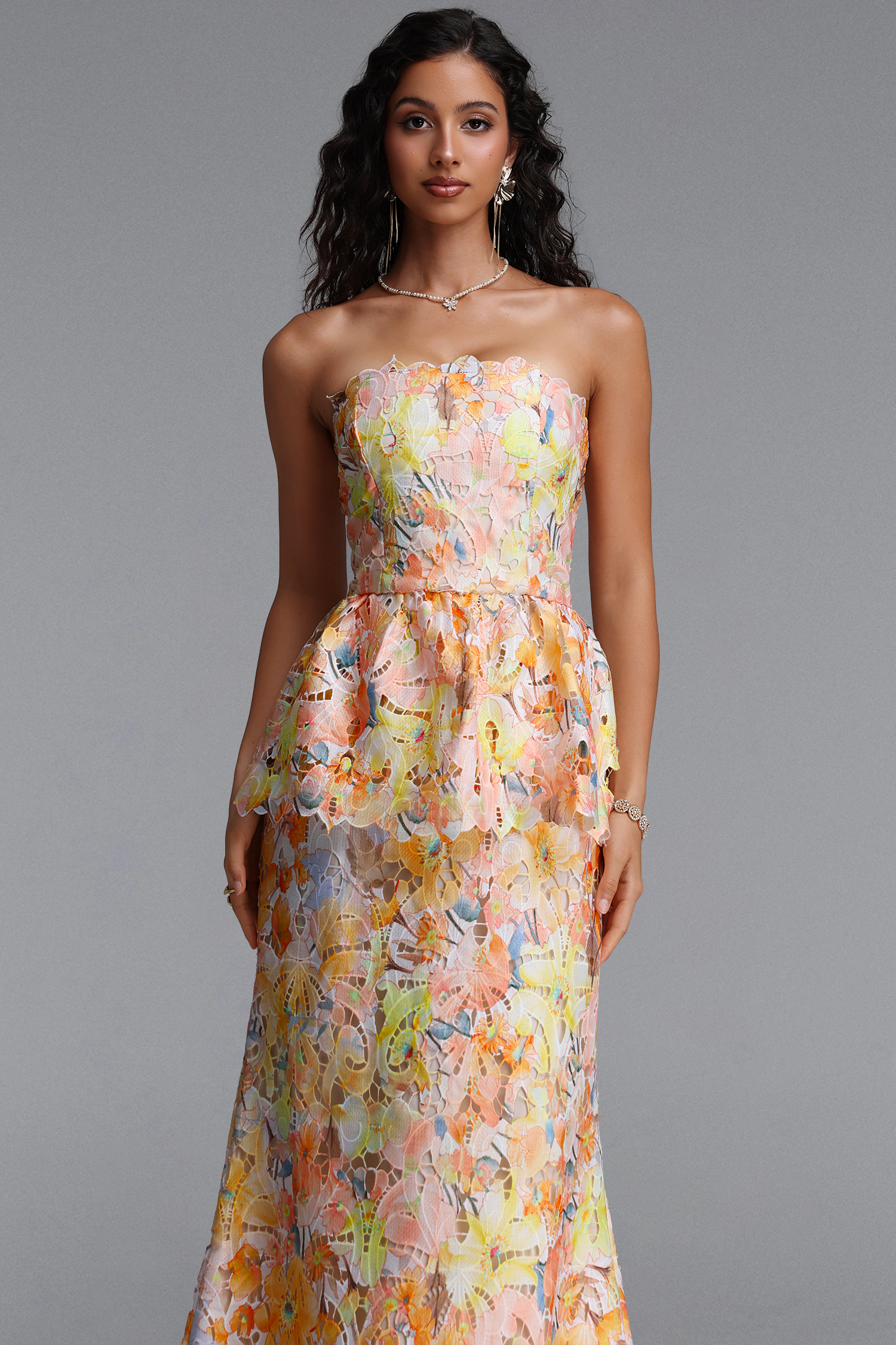 Deirdre Romantic Tailored Strapless Sleeveless Floral Print Lace Maxi Dress