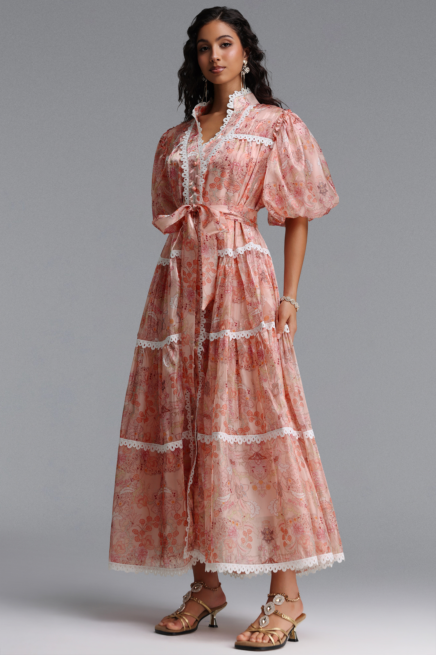 Dotte Resort Flowy Puff Sleeve Organza Maxi Dress