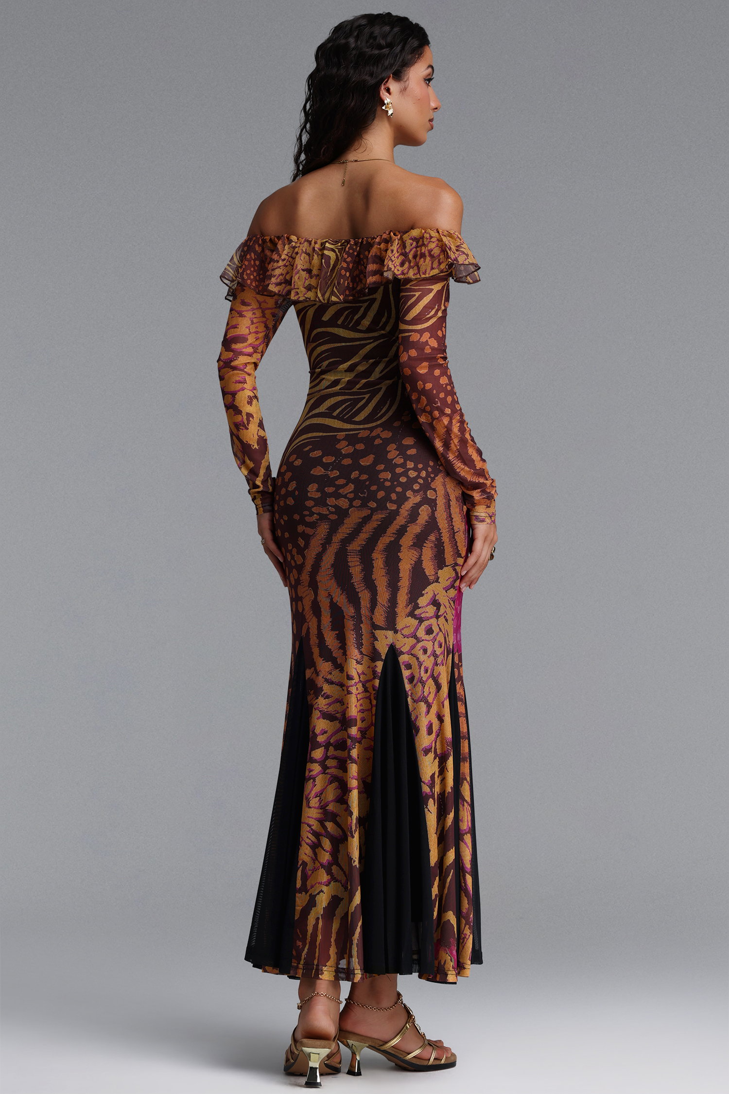 Taylor Vintage Contour Off Shoulder Long Sleeve Print Mesh Maxi Dress