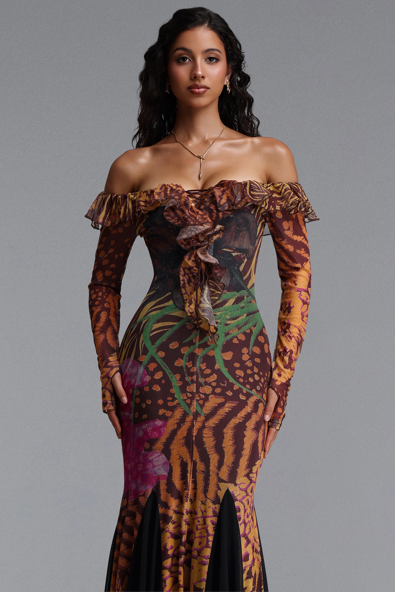Taylor Vintage Contour Off Shoulder Long Sleeve Print Mesh Maxi Dress